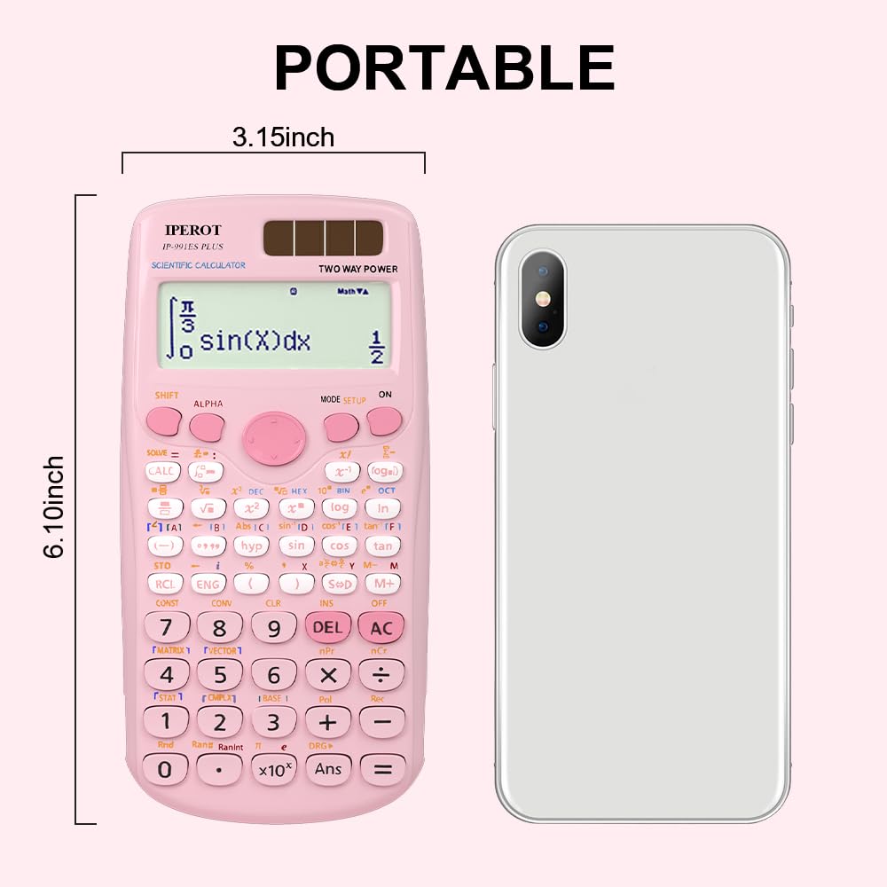 Scientific Calculators, IPEROT Solar Scientific Calculator Large Screen 417 Function, Calculators Very Suitable for High School and College Students Calculus Algebra and Other Math Textbooks (Pink)