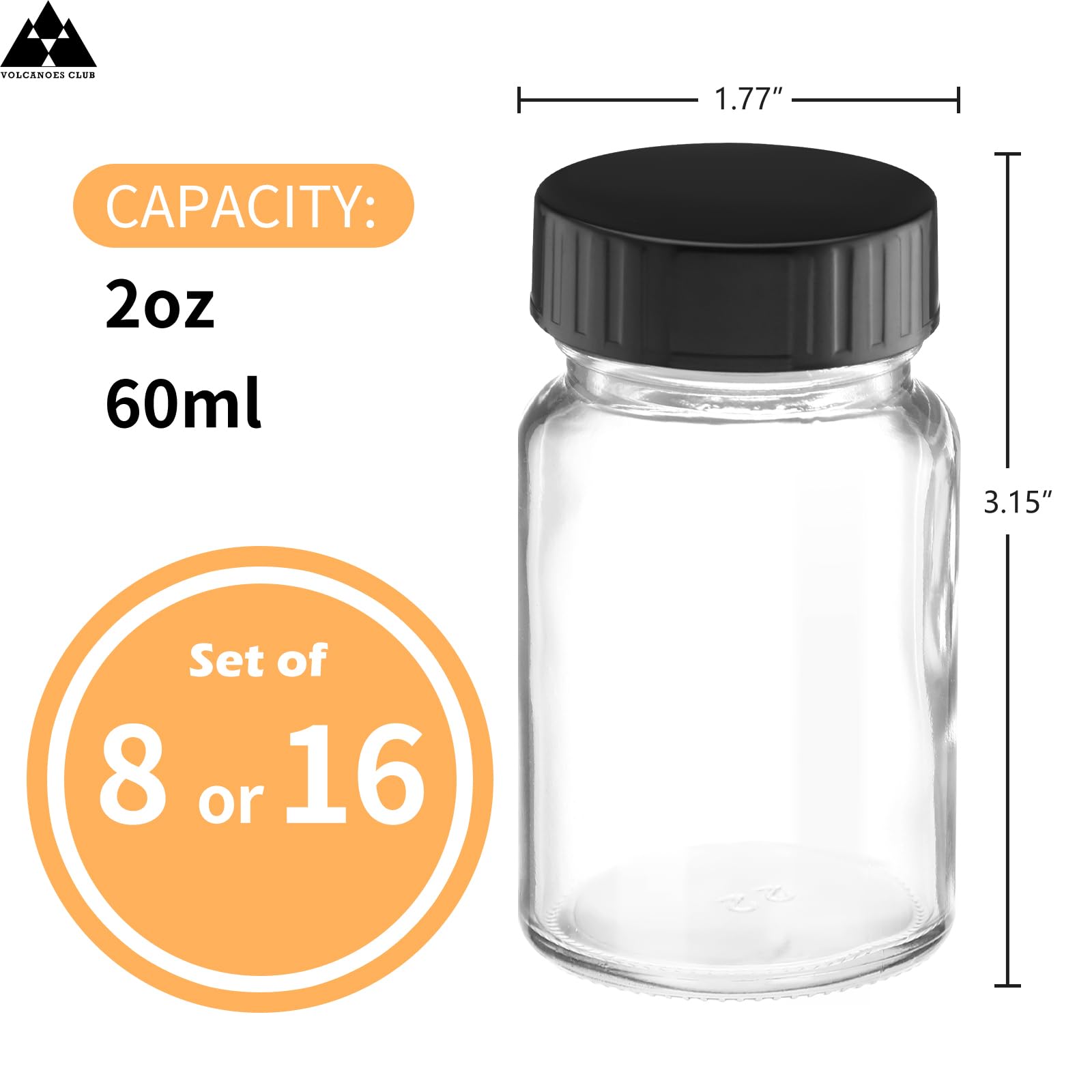 VOLCANOES CLUB 2oz Glass Jars with Lids - Glass Shot Bottles Set for Liquids, Juicing, Ginger Shot, Sample - Small Containers with Screw Caps - Clear Mini Round Bottles - Leakproof/Wide Mouth/16 pack