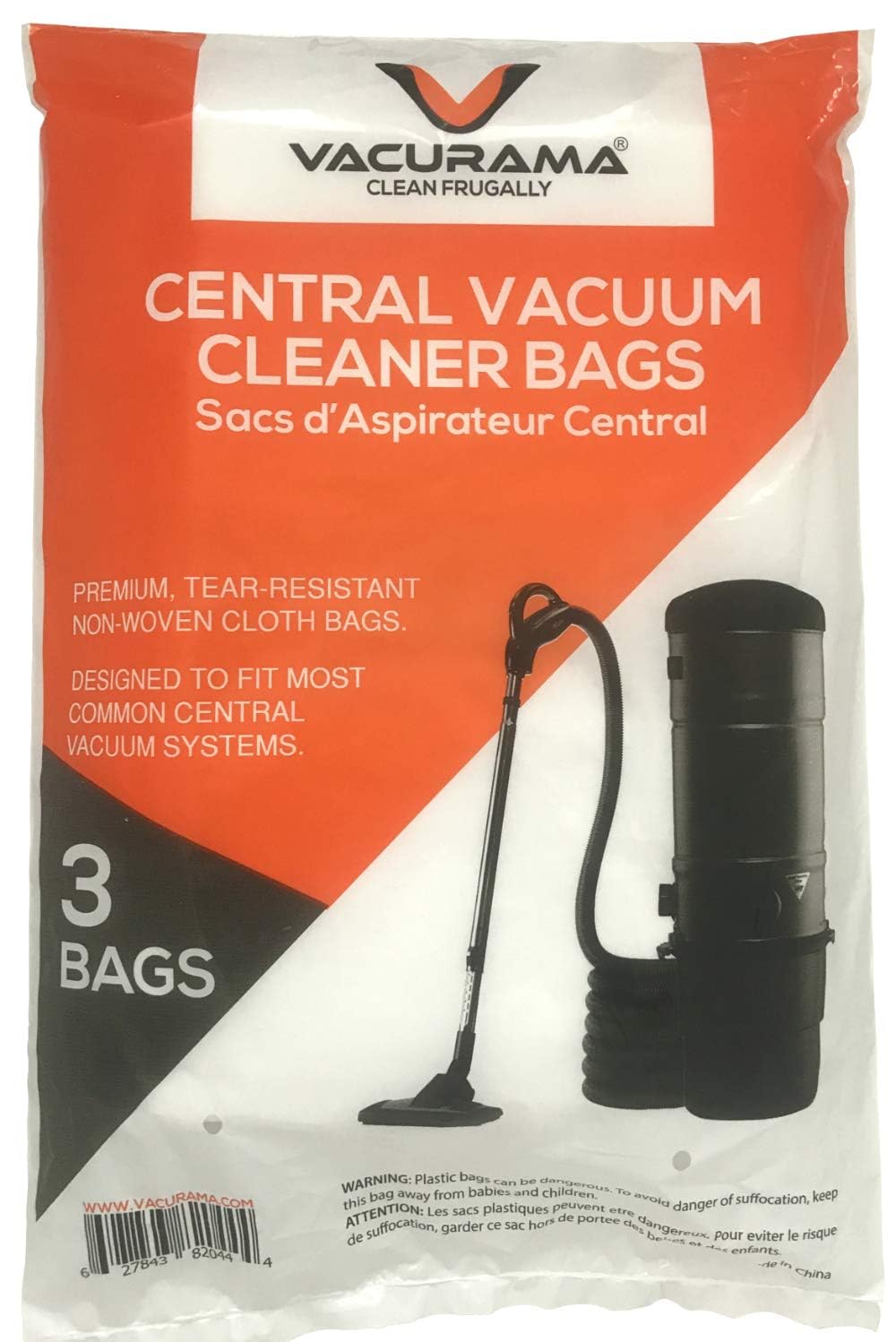 Vacurama Premium Central Vacuum Bags - Compatible For Beam, Electrolux, Eureka, Kenmore, Husky, Mastercraft, White Westinghouse, Nutone Broan, Nilfisk, & Other Brands, Tear-Resistant Cloth Bags - 3Pk