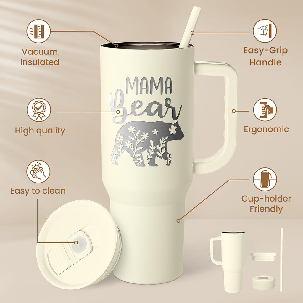 Mom Tumbler with Handle 40oz, Mama Bear Cup Stainless Steel Insulated Tumblers Coffee Travel Mug, Gifts for Moms from Daughter Son, Best Mother Gift for Christmas Birthday Mothers Day