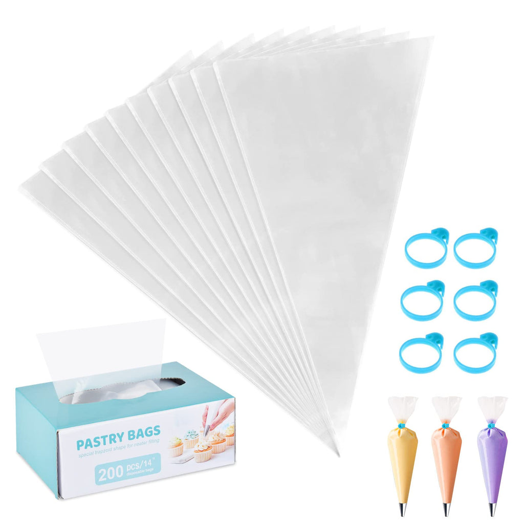200 Pcs Pastry Piping Bags,14 inch Thickened Disposable Piping Decorating Bags,Plastic Icing Piping Bags with 6 Bag Ties for Cupcakes Cookies and Frosting