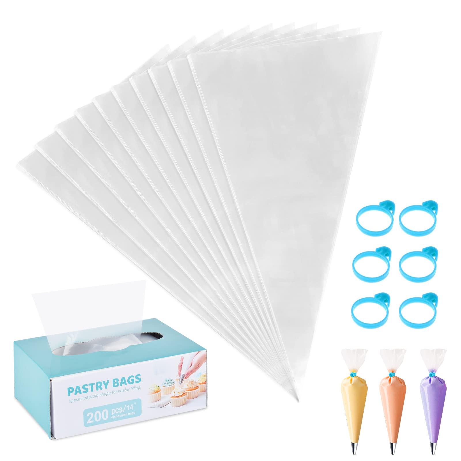 200 Pcs Pastry Piping Bags,14 inch Thickened Disposable Piping Decorating Bags,Plastic Icing Piping Bags with 6 Bag Ties for Cupcakes Cookies and Frosting