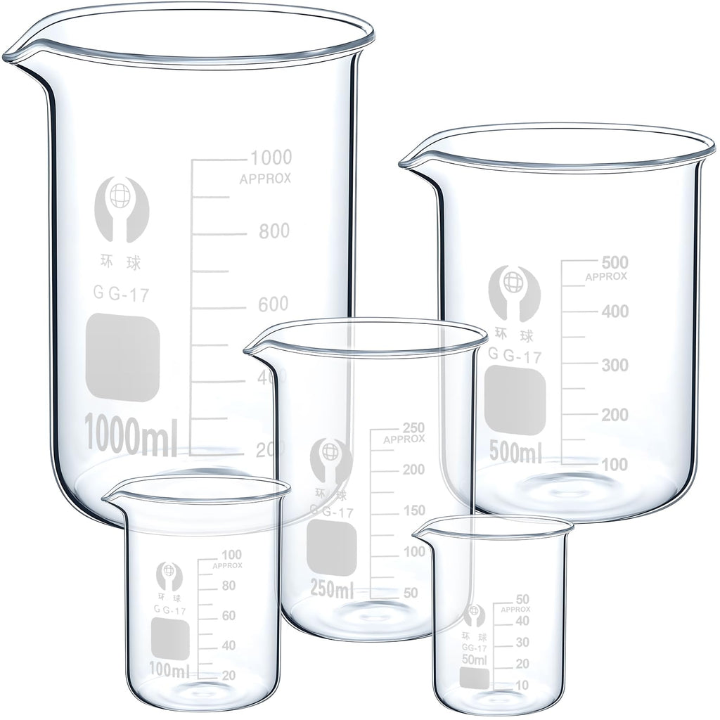 OLCANA 5 Pack Glass Beaker Set 50 ml 100 ml 250 ml 500ml 1000 ml Thick Borosilicate 3.3 Glass Graduated Measuring Lab Beaker Low Form Griffin 1L Big Glass Beaker