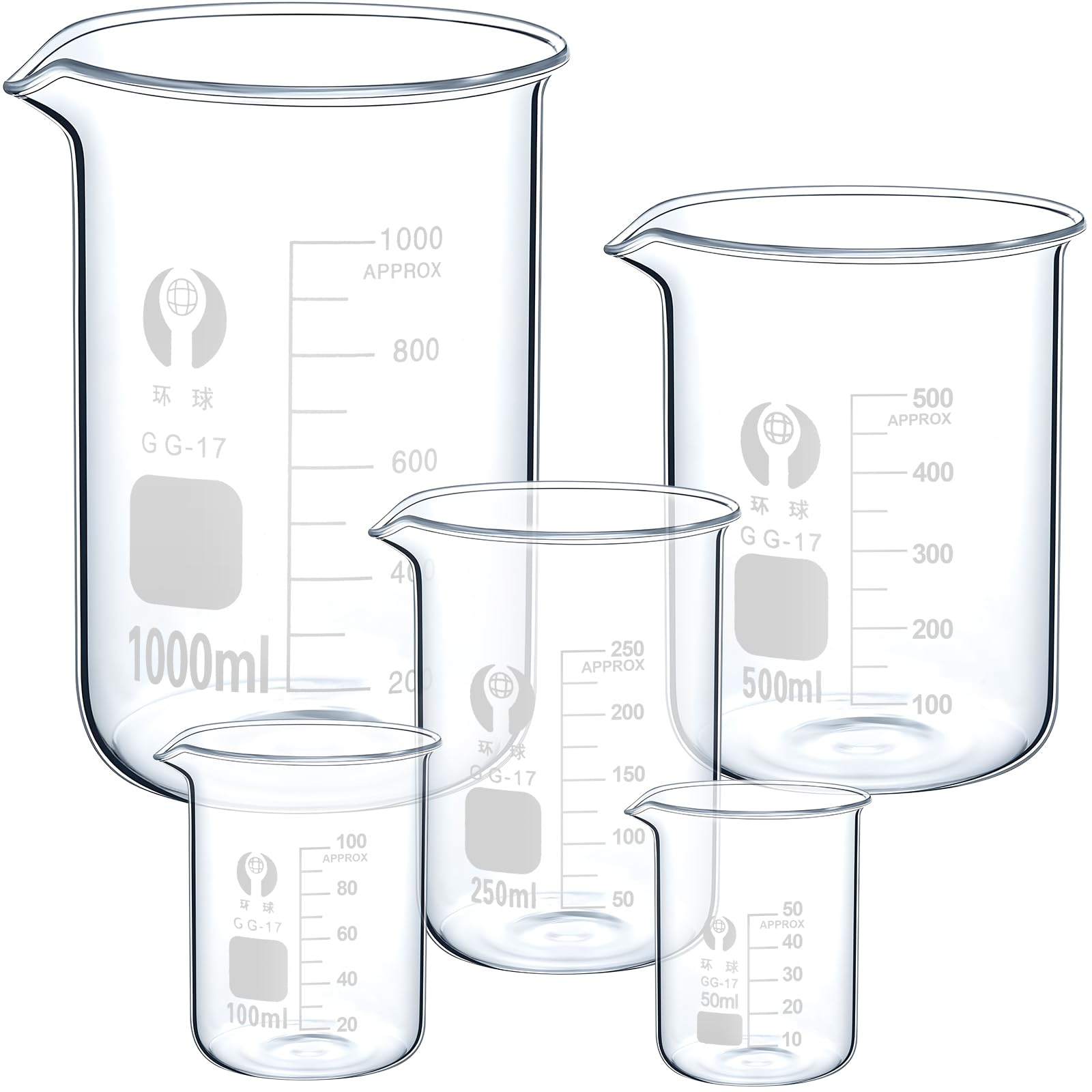 OLCANA 5 Pack Glass Beaker Set 50 ml 100 ml 250 ml 500ml 1000 ml Thick Borosilicate 3.3 Glass Graduated Measuring Lab Beaker Low Form Griffin 1L Big Glass Beaker