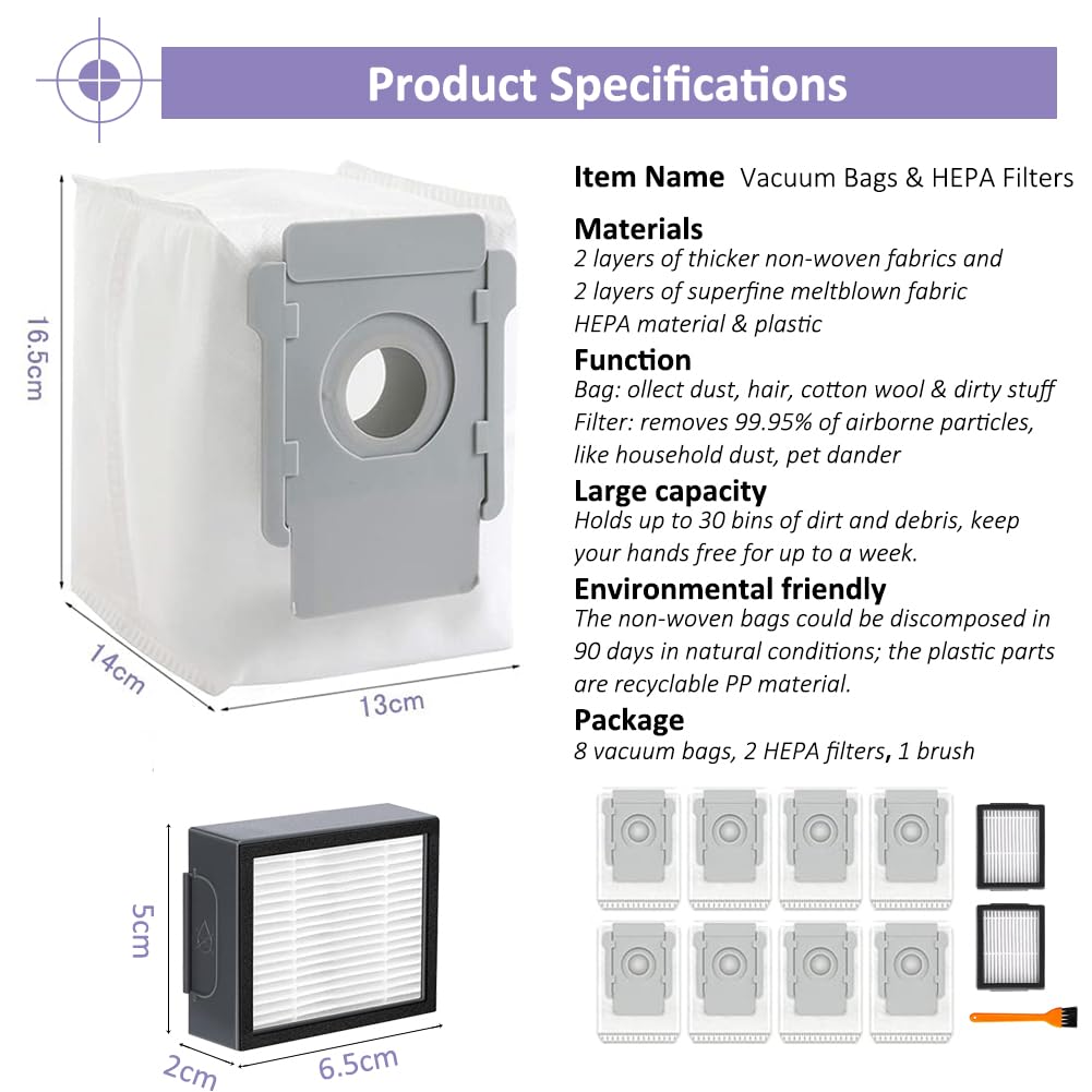 Vacuum Dust Bags and HEPA Filters: Compatible with iRobot Roomba i3 i3+ i4 i4+ i6 i6+ i7 i7+ i8 i8+ Vacuum Cleaner - 8+2pack
