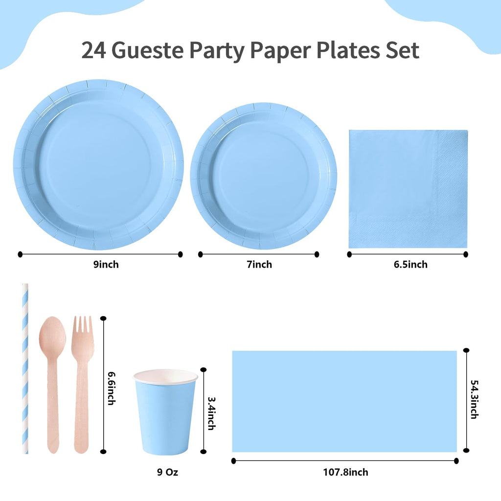 PYAILI 169 Pcs Baby Blue Party Tableware Set, Paper Plates Cups Napkins Tablecloth, Dinnerware Set for Kids Adult Birthday,Wedding,Baby Shower Party Tableware