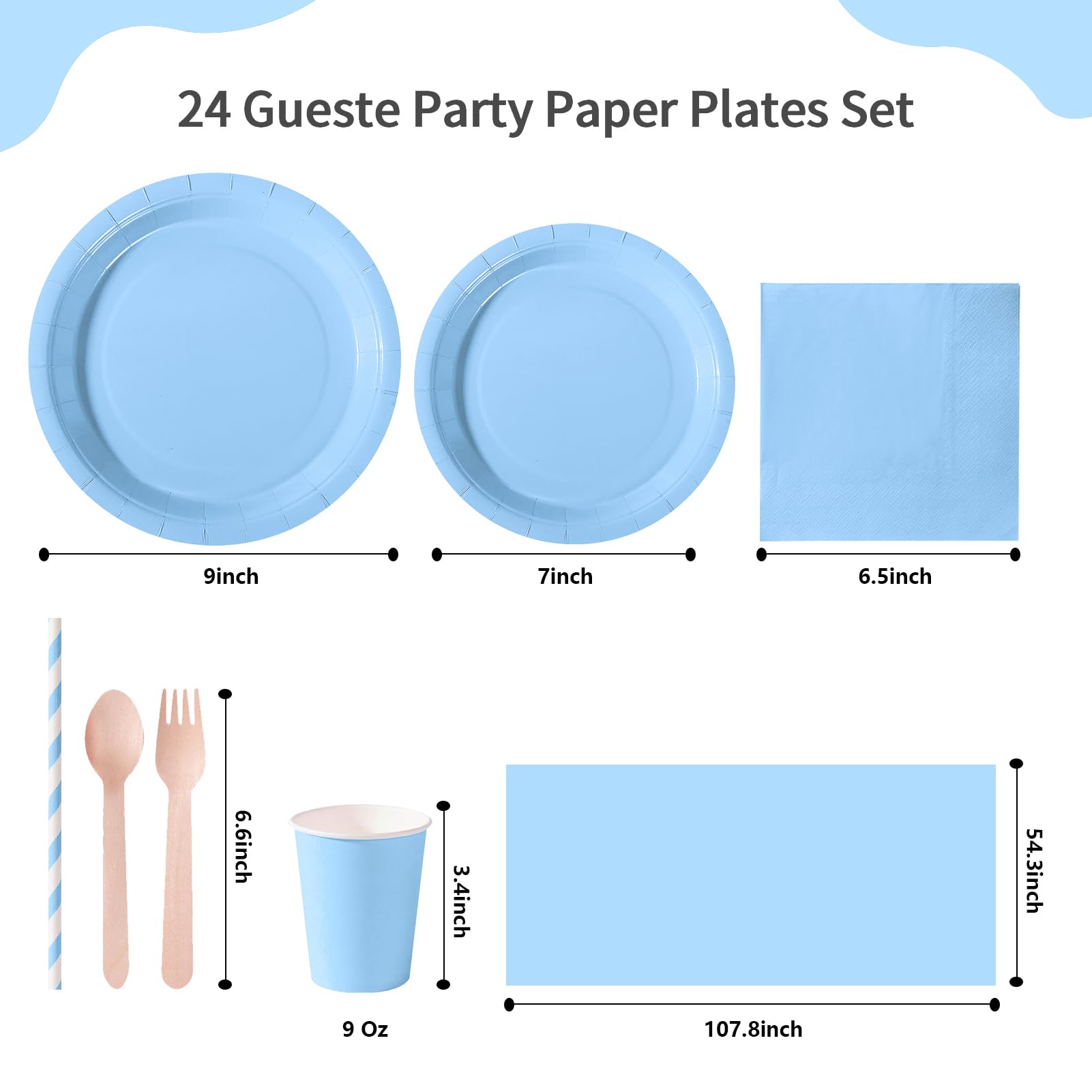 PYAILI 169 Pcs Baby Blue Party Tableware Set, Paper Plates Cups Napkins Tablecloth, Dinnerware Set for Kids Adult Birthday,Wedding,Baby Shower Party Tableware