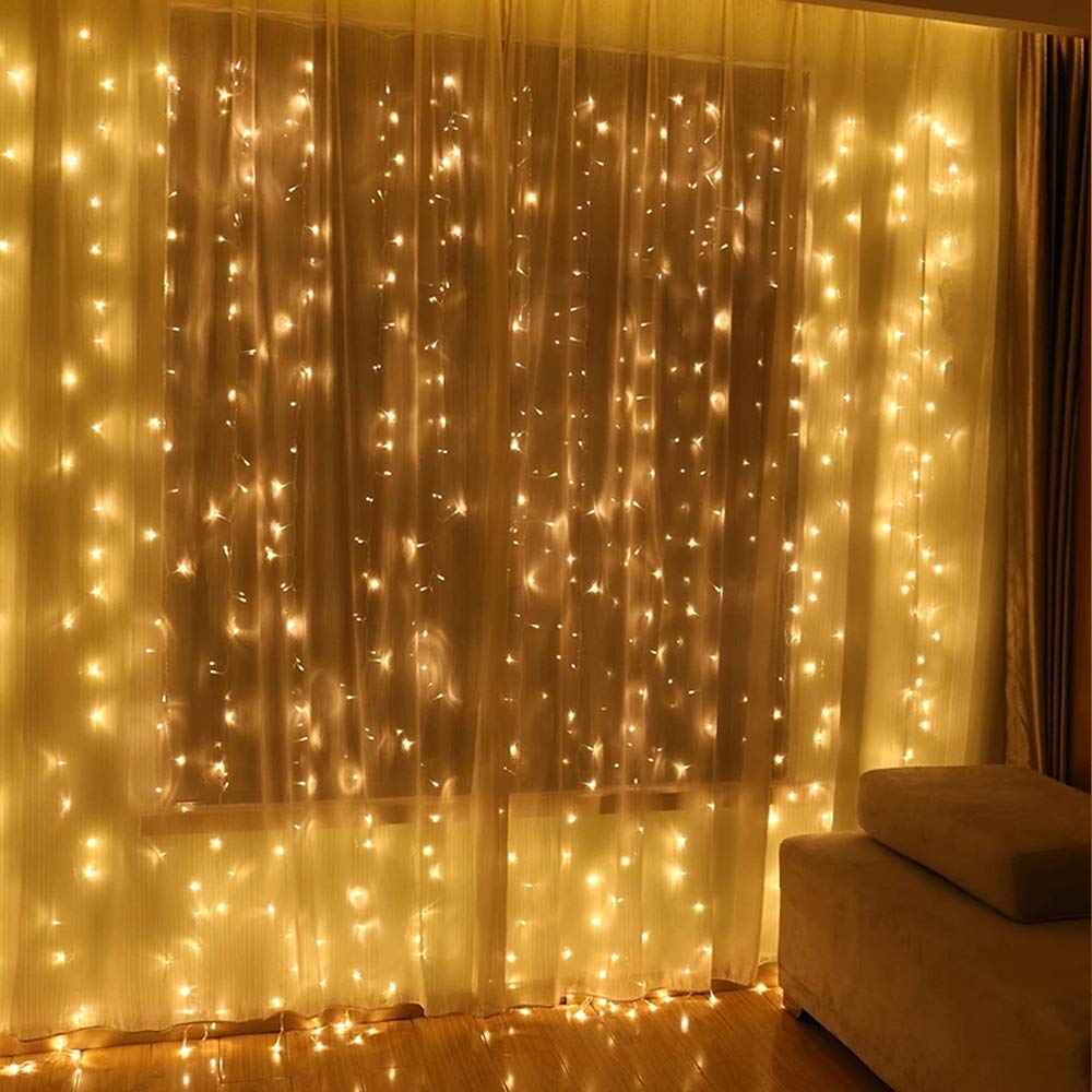 Led Curtain Lights 9.8 x 9.8 Feet 300 LEDs, 8 Modes with Waterproof Connector, Warm White