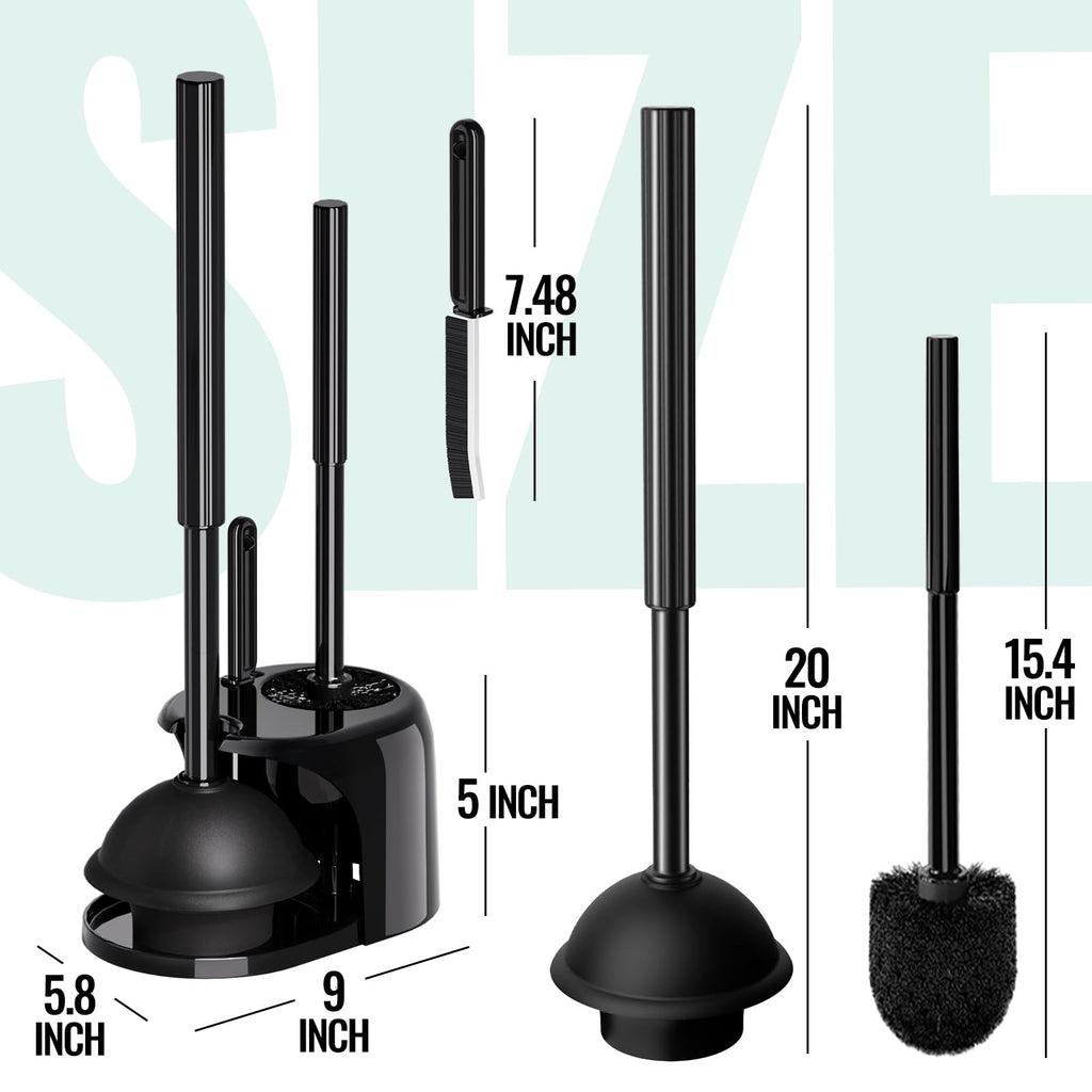 3 in 1 Toilet Brush and Plunger Set with Crevice Cleaning Brush, Toilet Plunger and Brush Set with Extra Long Handle, Plungers for Bathroom Accessories, Toilet Plunger with Holder, Obsidian Black