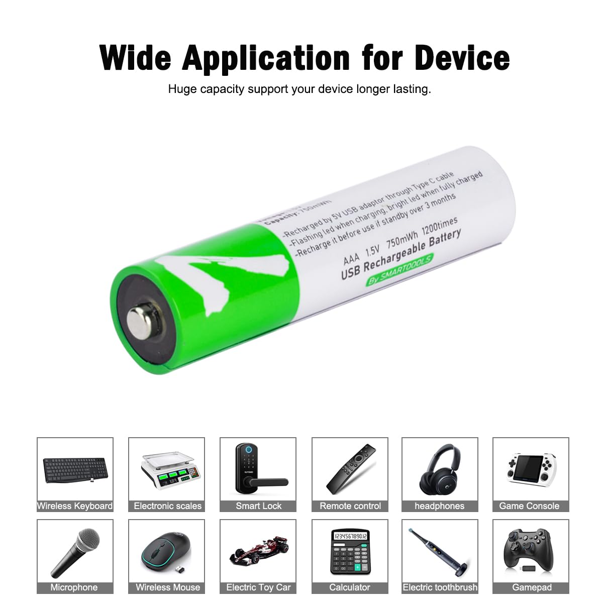 USB AAA Lithium ion Rechargeable Battery, 1.5V 750mWh Rechargeable AAA Battery, 1 H Fast Charge, 1200 Cycle with Type C Port Cable, Constant Output,4-Pack