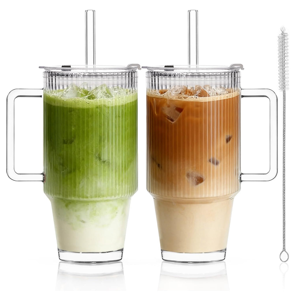 KEMORELA 24oz Ribbed Glass Cups with Lids and Straws,Glass Tumbler with Handle,2 set–Reusable Glass Ice Coffee Cups with Lid and Straw for Smoothies,Tea,Juice,Boba Cup for Cold & Hot Drinks,Travel Cup