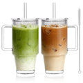 KEMORELA 24oz Ribbed Glass Cups with Lids and Straws,Glass Tumbler with Handle,2 set–Reusable Glass Ice Coffee Cups with Lid and Straw for Smoothies,Tea,Juice,Boba Cup for Cold & Hot Drinks,Travel Cup