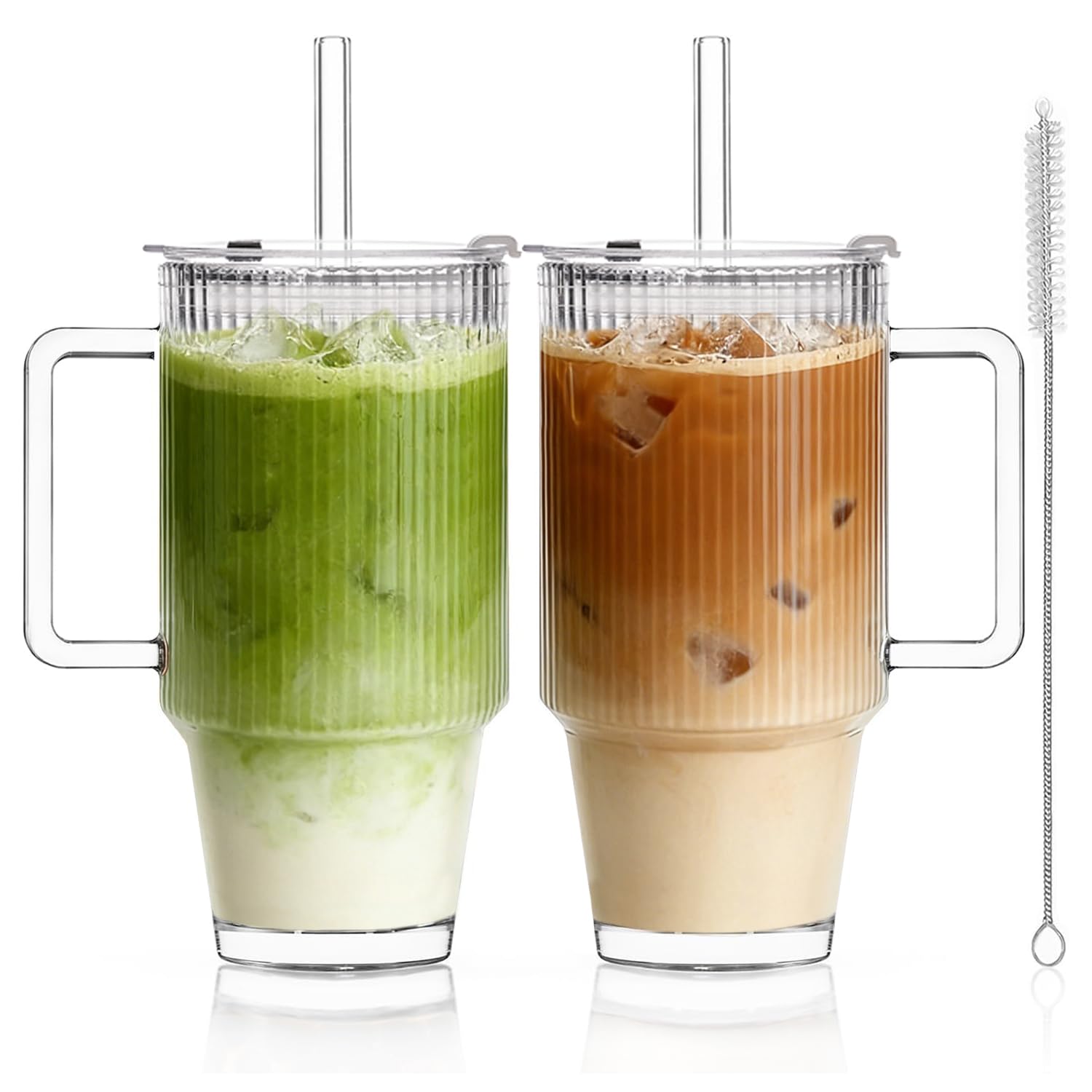 KEMORELA 24oz Ribbed Glass Cups with Lids and Straws,Glass Tumbler with Handle,2 set–Reusable Glass Ice Coffee Cups with Lid and Straw for Smoothies,Tea,Juice,Boba Cup for Cold & Hot Drinks,Travel Cup