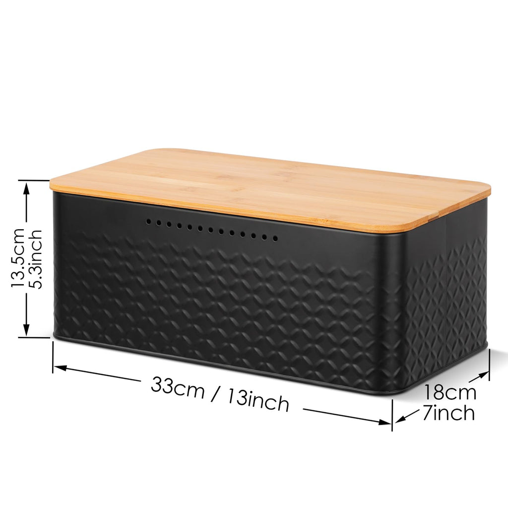 Pitmoly Bread Box, Metal Bread Container with Bamboo Lid, Bread Storage Container for Kitchen Countertop, Large Modern Bread Bin 13" x 7" x 5.3" (Black)