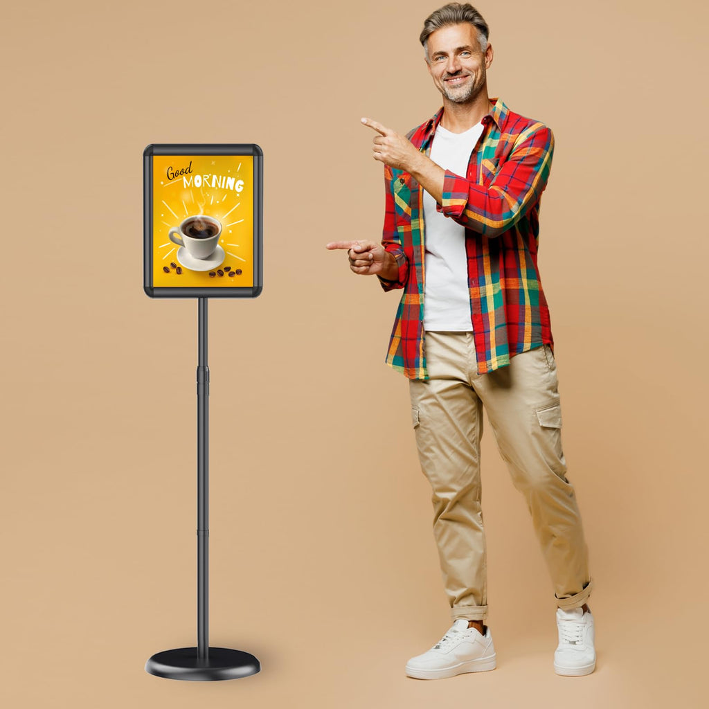 Newzueby Pedestal Floor Stand Sign Holder for 8.5*11 inches Poster or chalk board, Snap open frame,360° Rotation,Outdoor Indoor Standing Display Sign Holders for commerical, directional use, Black