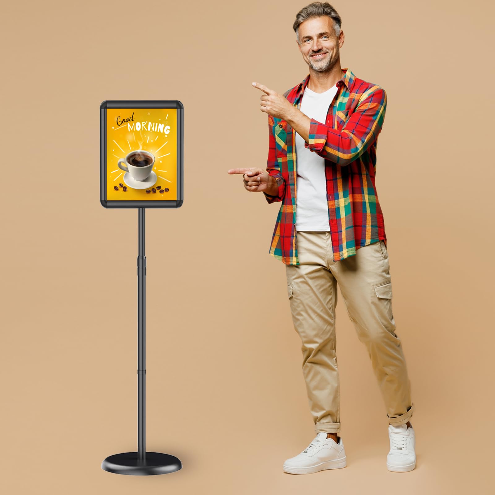 Newzueby Pedestal Floor Stand Sign Holder for 8.5*11 inches Poster or chalk board, Snap open frame,360° Rotation,Outdoor Indoor Standing Display Sign Holders for commerical, directional use, Black