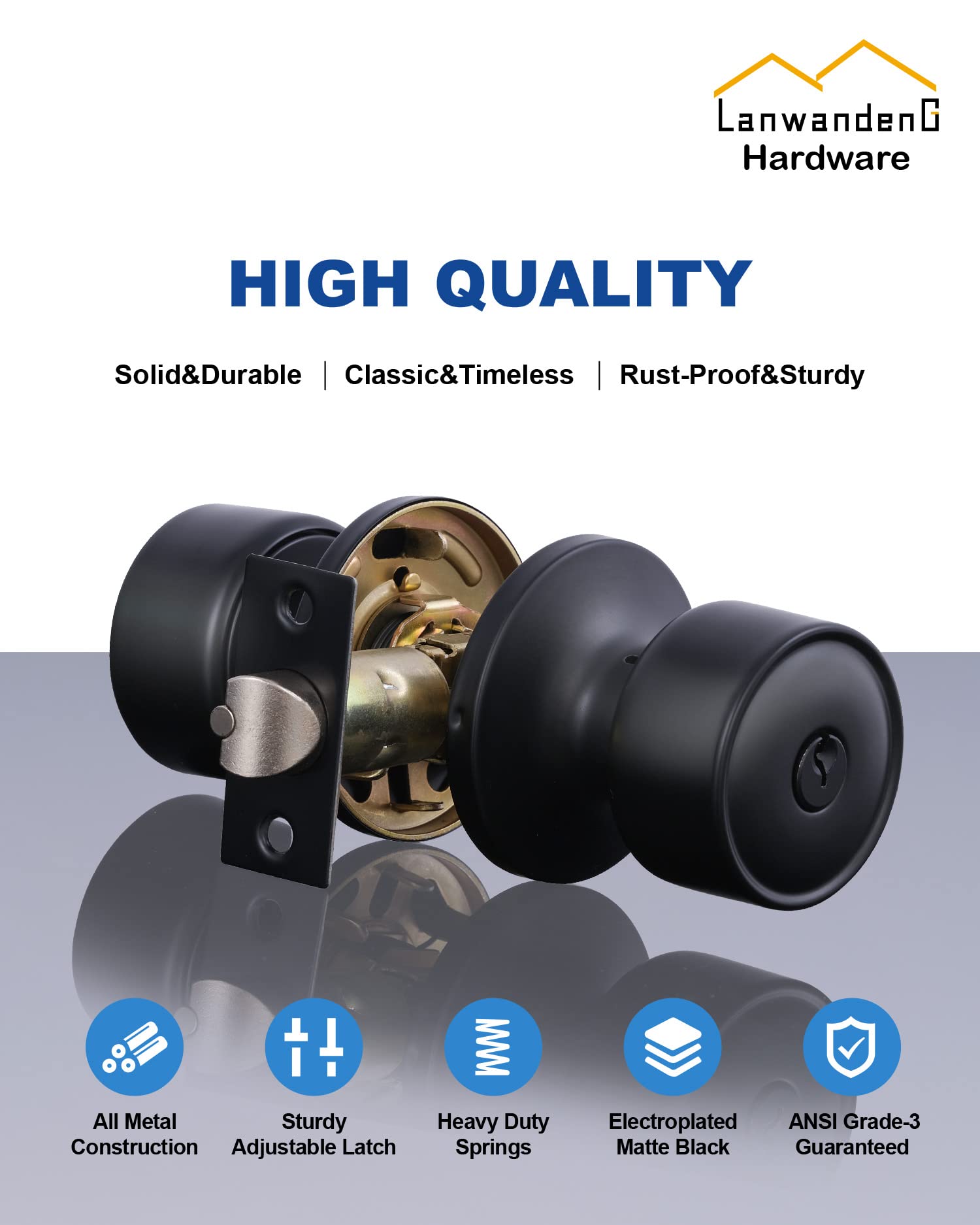 Lanwandeng Keyed Alike Entry Door Knob with Lock, Matte Black Door knobs with Lock for Bedroom/Bathrooom, Exterior/Entrance Door Lock