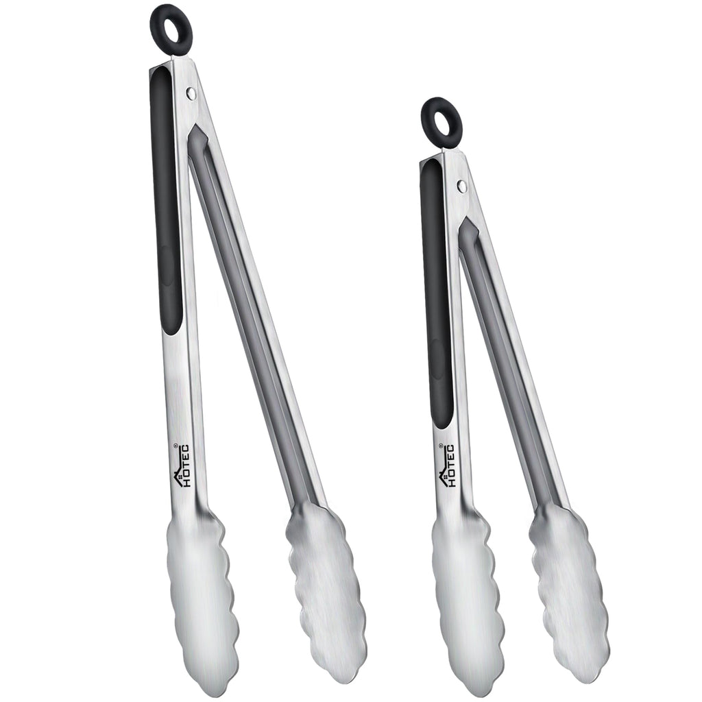 Hotec Stainless Steel Kitchen Tongs Set of 2-9" and 12", Locking Metal Food Tongs Non-Slip Grip