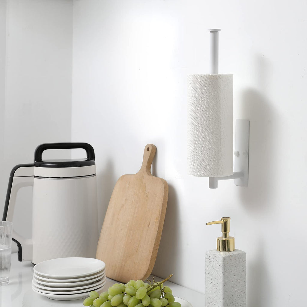 theaoo White Paper Towel Holder - Under Cabinet Paper Towel Holder for Kitchen, Adhesive Paper Towel Roll Rack for Bathroom Towel, Wall Mounted Matte Black Paper Towel Rack, SUS304 Stainless Steel