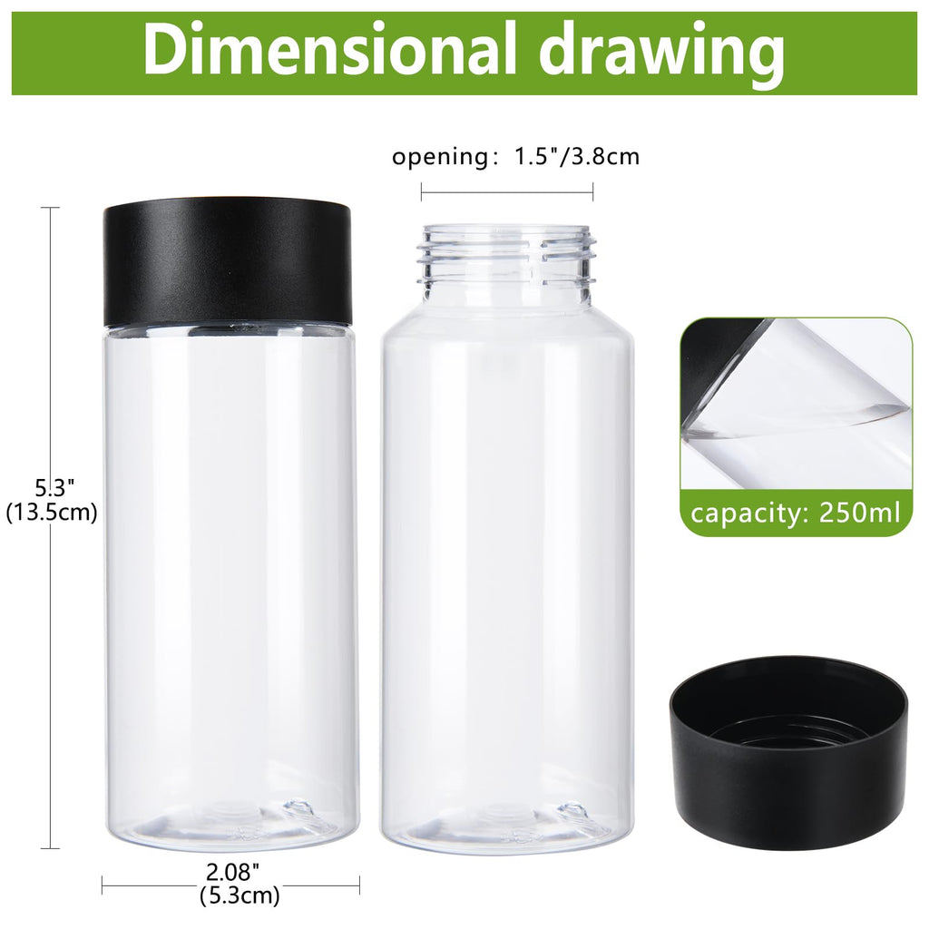 zmybcpack 24Pack 8ounce/250ml Clear PET Plastic Juice Bottles with Black Lids, Reusable Plastic Smoothie Drink Bottles Milk Bottles For Water, Juice, Milk & Homemade Beverages
