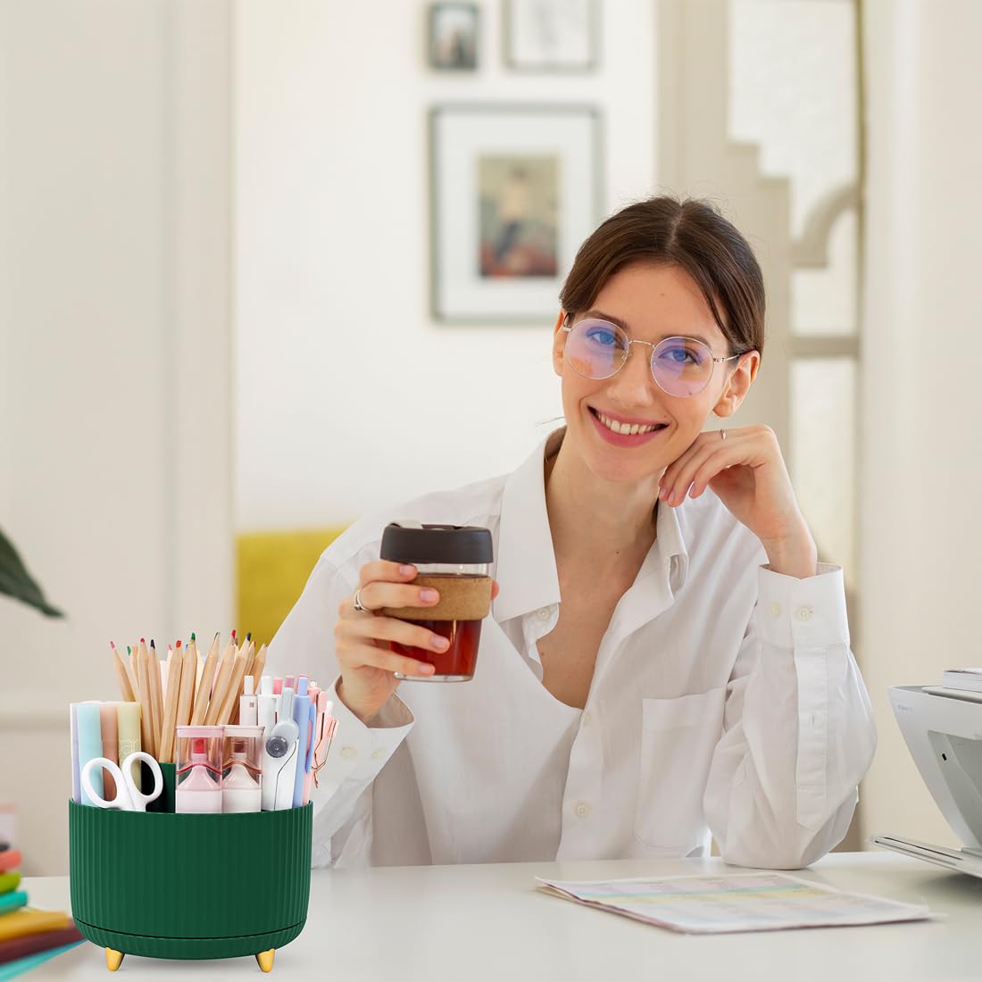 SKYDUE 360 Degree Rotating Desk Organizer, Dual-Purpose Pencil Pen Holder, 5 Slots, Art Supplies, Pencil Cup for Office, School, Home