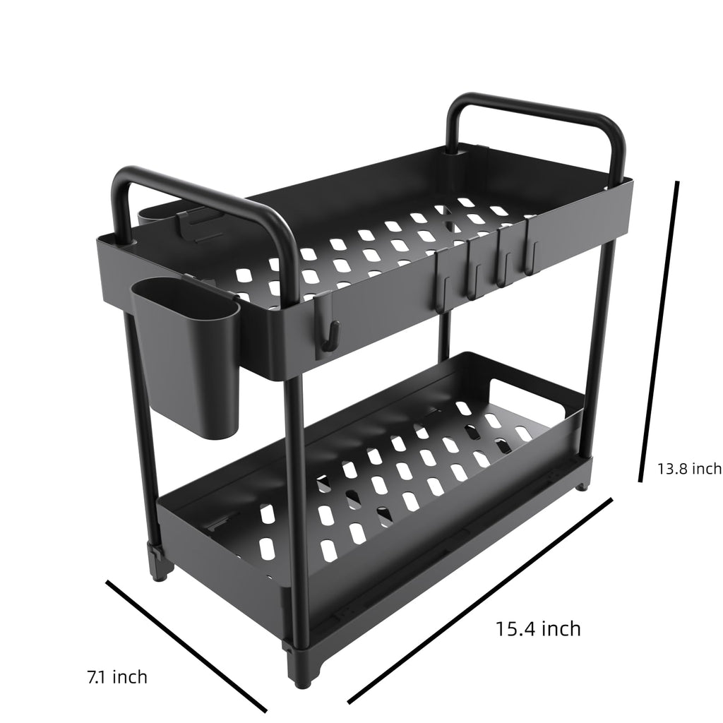 2 Pack Under Sink Organizer for Efficiently Utilizing Space, 2 Tier Bathroom Cabinet Organizers and Storage, Multi-purpose Kitchen Organizer and Storage with Hooks and Cups(Black)