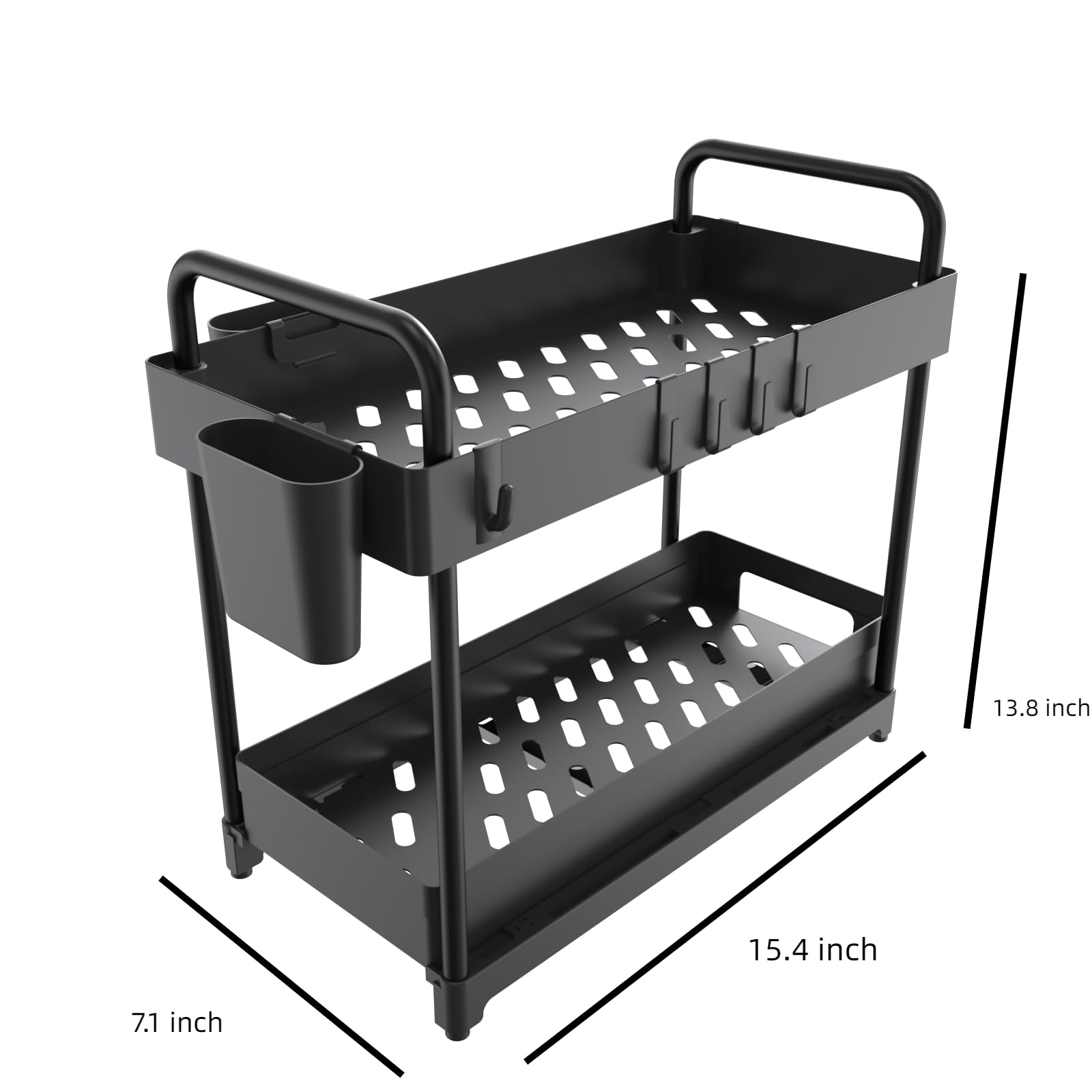 2 Pack Under Sink Organizer for Efficiently Utilizing Space, 2 Tier Bathroom Cabinet Organizers and Storage, Multi-purpose Kitchen Organizer and Storage with Hooks and Cups(Black)