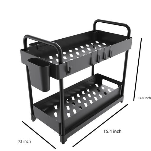 2 Pack Under Sink Organizer for Efficiently Utilizing Space, 2 Tier Bathroom Cabinet Organizers and Storage, Multi-purpose Kitchen Organizer and Storage with Hooks and Cups(Black)