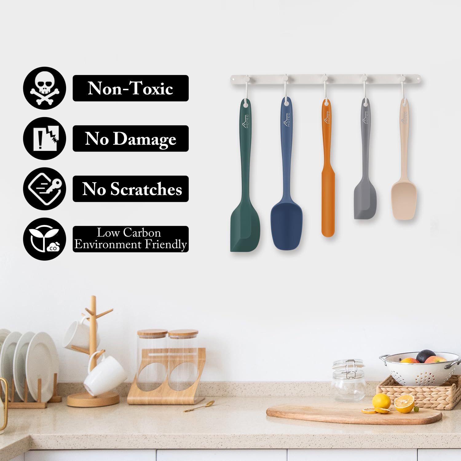 HOTEC Heat Resistant 600℉ Food Grade Silicone Rubber Spatula Set for Baking, Cooking, and Mixing Non Stick Dishwasher Safe BPA-Free Neutral Set of 5
