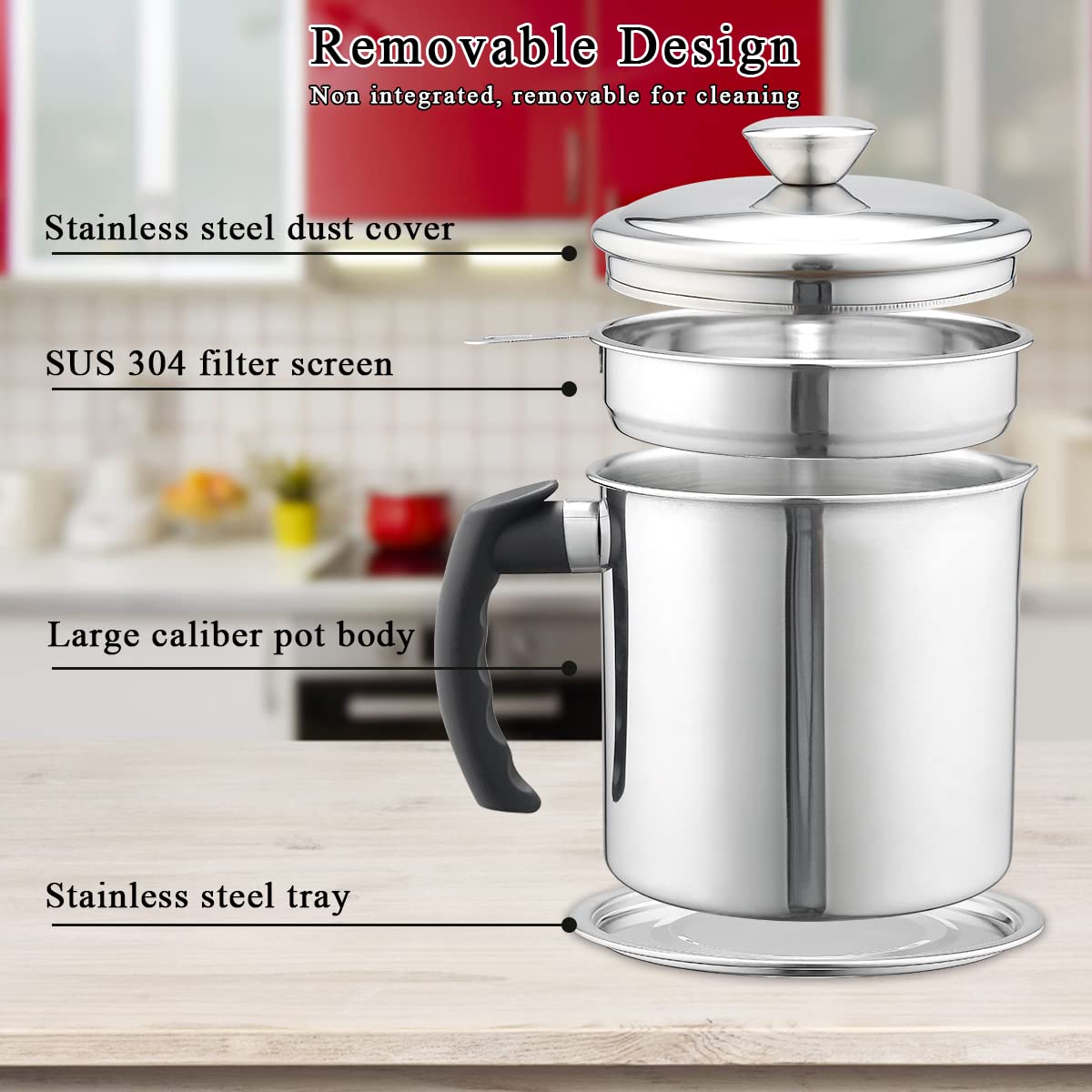 Kyraton Bacon Grease Container with Strainer, 48 oz Stainless Steel Oil Container, Pot Fat Storage with Lid, Easy Grip Handle Suitable for Storing Frying Oil and Cooking Grease