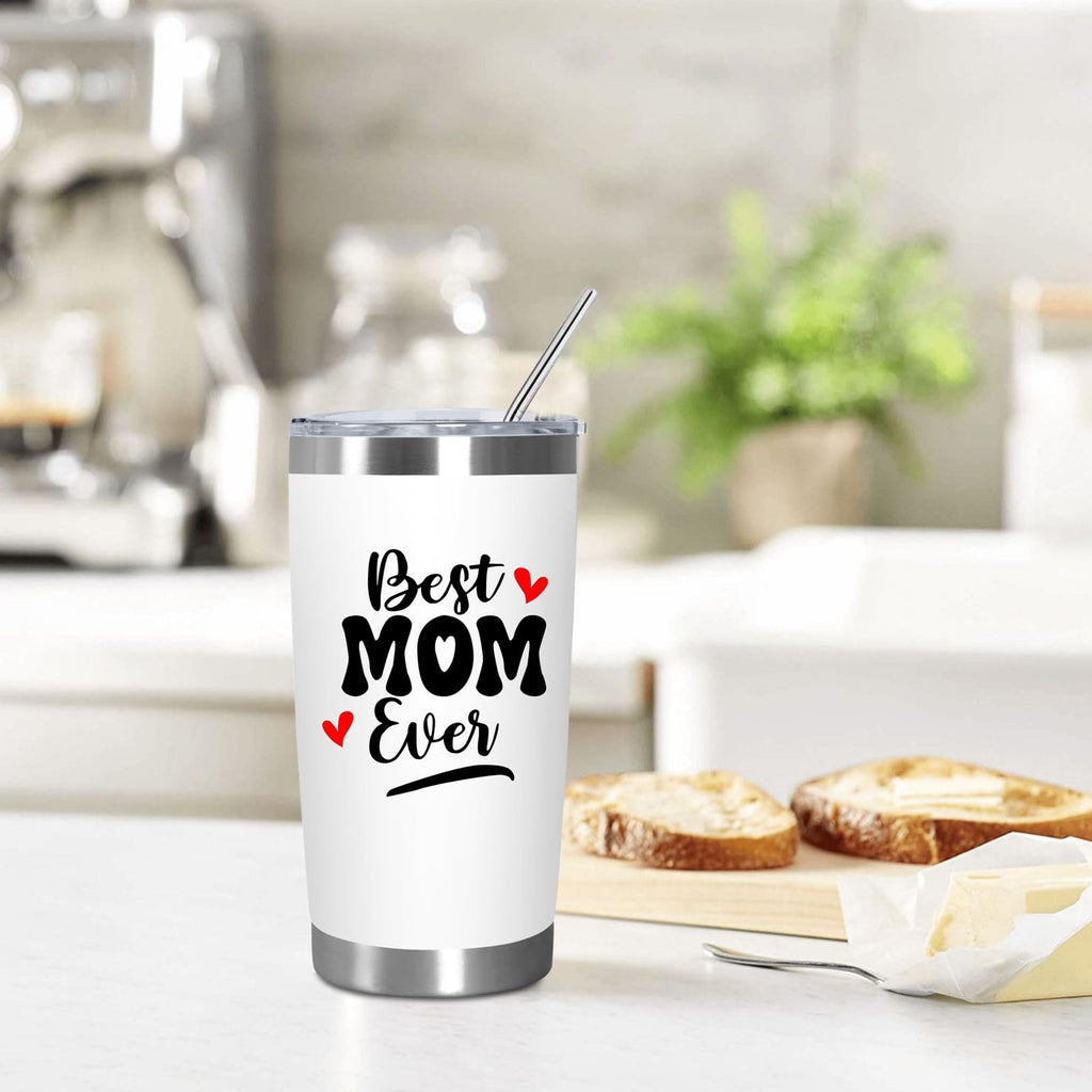 Best Mom Ever Tumbler 20oz, Insulated Coffee Cup with Cleaning Brush and Straw, Mama Travel Cup, Birthday Presents for Mommy, Water Cup from Daughter, Best Mom Gifts for Mother's Day