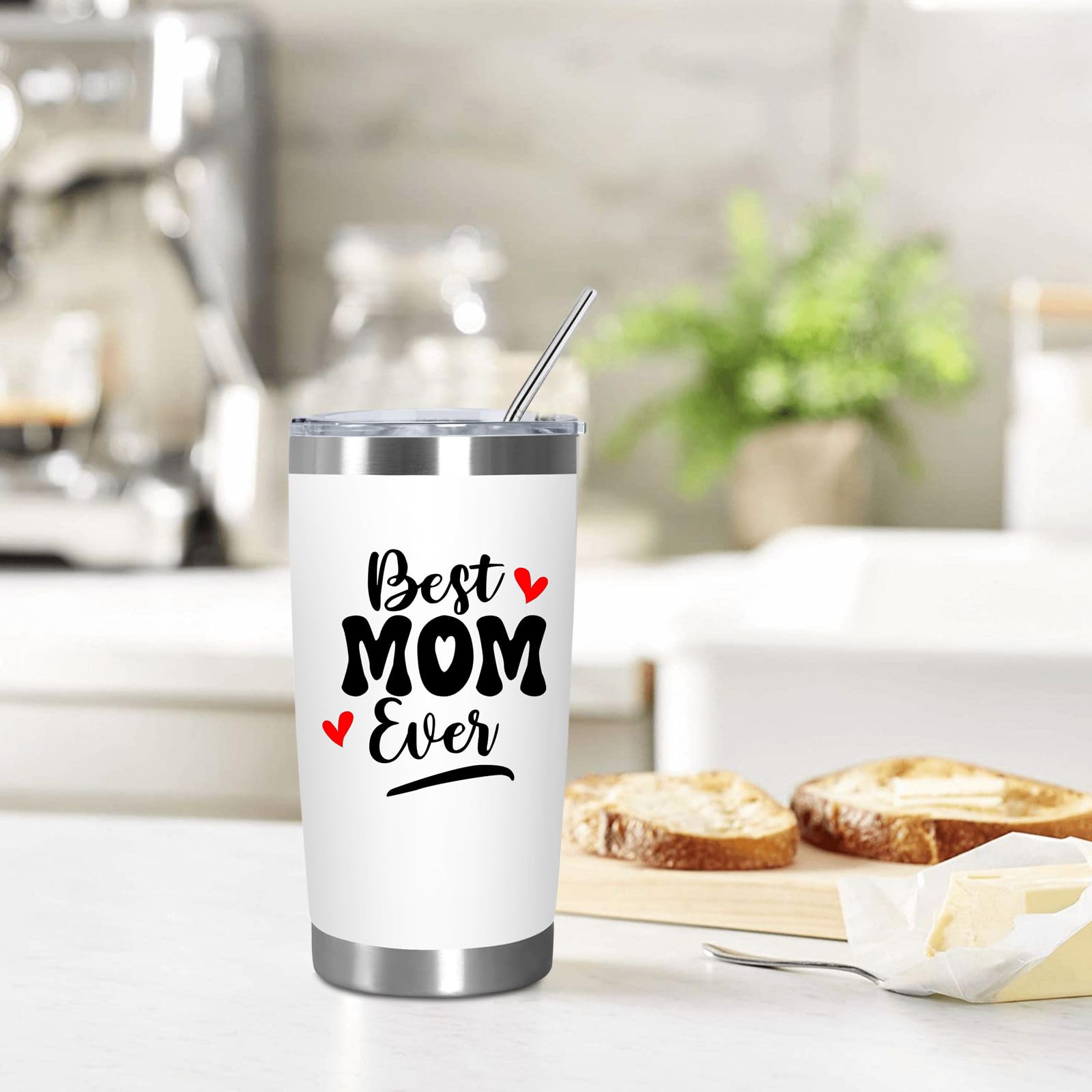 Best Mom Ever Tumbler 20oz, Insulated Coffee Cup with Cleaning Brush and Straw, Mama Travel Cup, Birthday Presents for Mommy, Water Cup from Daughter, Best Mom Gifts for Mother's Day