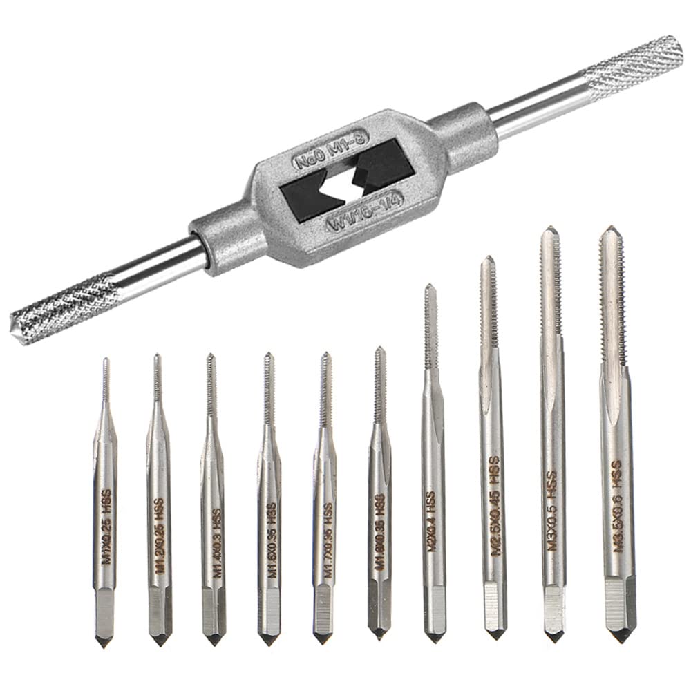 Saipor 10pcs Micro Taps Bit Small Hand Screw Thread Taps M1-M3.5 HSS Mini Metric Plug Tap Screw Tap Drill Tap Drill Set Tapping Tool with Adjustable Tap Wrench 1/16-1/4''
