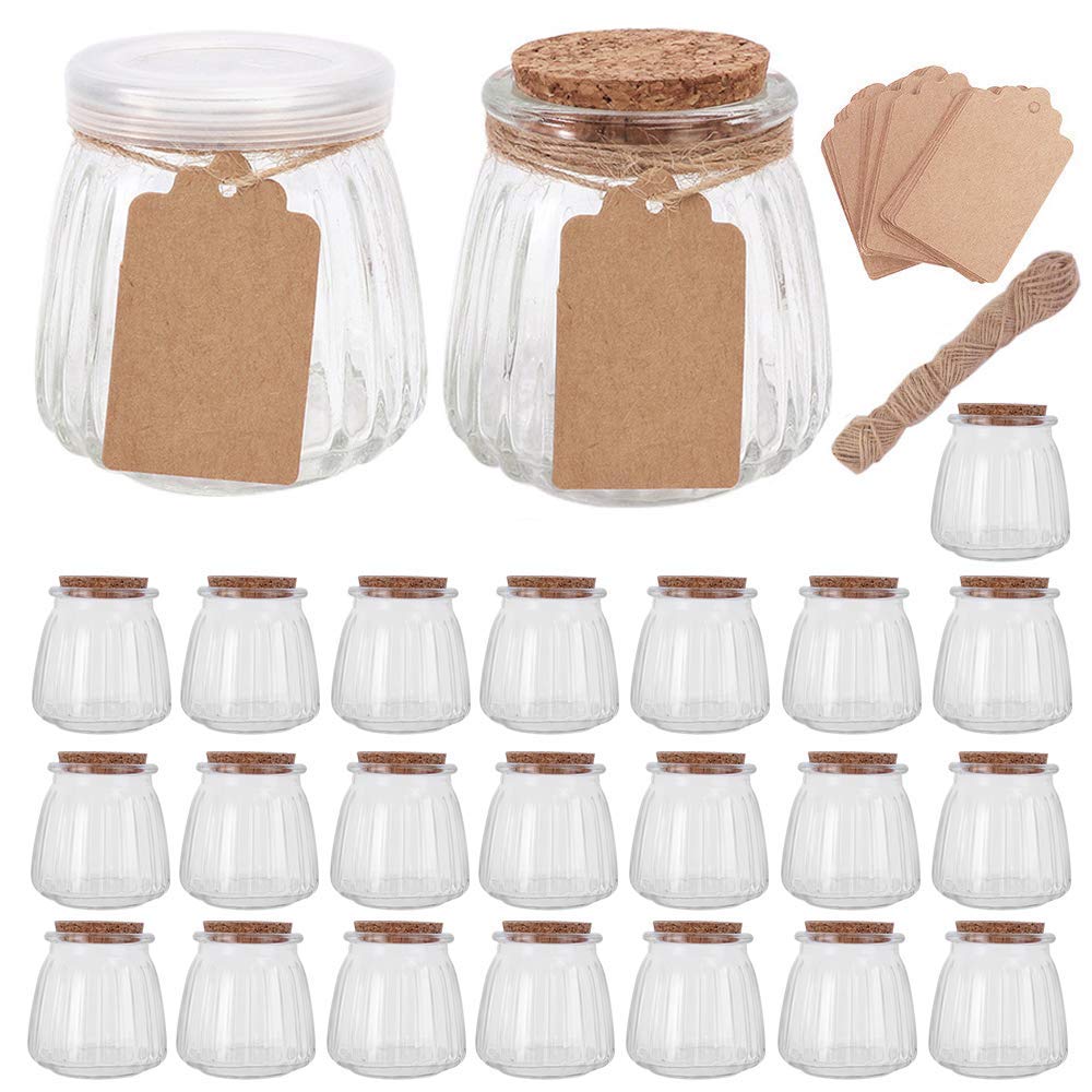 4 oz Glass Jars with PE Lids and Cork Lids, 24 Pack Mini Pudding Jars Clear Yogurt Jars Glass Favor Jars Containers for Spice, Jam, honey, Mousse, Wedding Favors, Shower Favors, DIY and Art