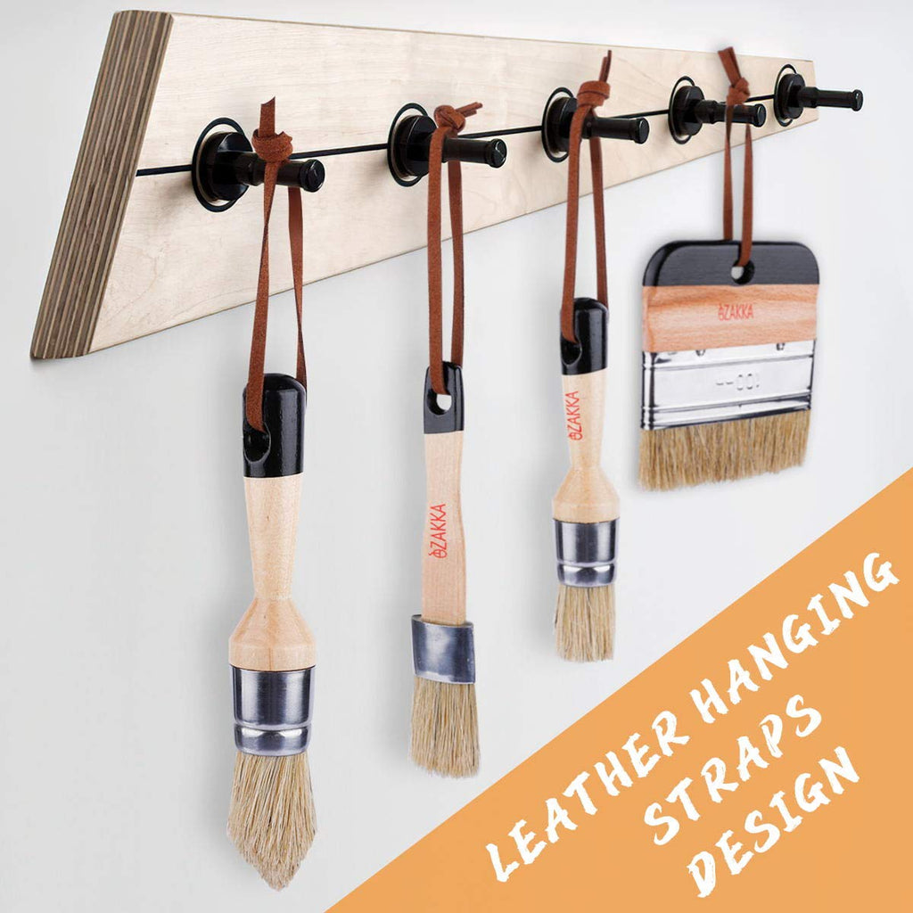 eZAKKA Natural Bristles Wax & Chalk Paint Brush 4-Pack, 1.2‘’, 3.9'' Round & Flat Chip Paint Brushes Set for Furniture Walls Ceilings, 3-Small & 1-Large Paintbrushes for Stain Milk Paint