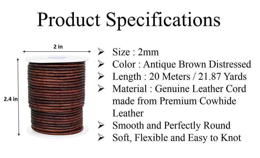GENIQUE Real/Genuine Round Leather Cord for Jewelry Making, Leather String Cord for Crafting Supplies, Necklace, Bracelets, Braiding, Wraps (2mm, Antique Brown Distressed)