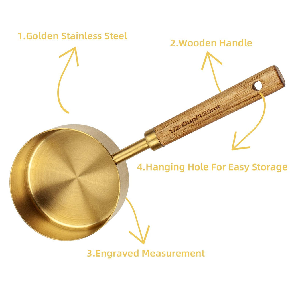 Muchtolove Measuring Cups and Spoons Set of 8, Golden Stainless Steel Measuring Cup with Wooden Handle, Kitchen/Food/Liquid/Baking (Gold)