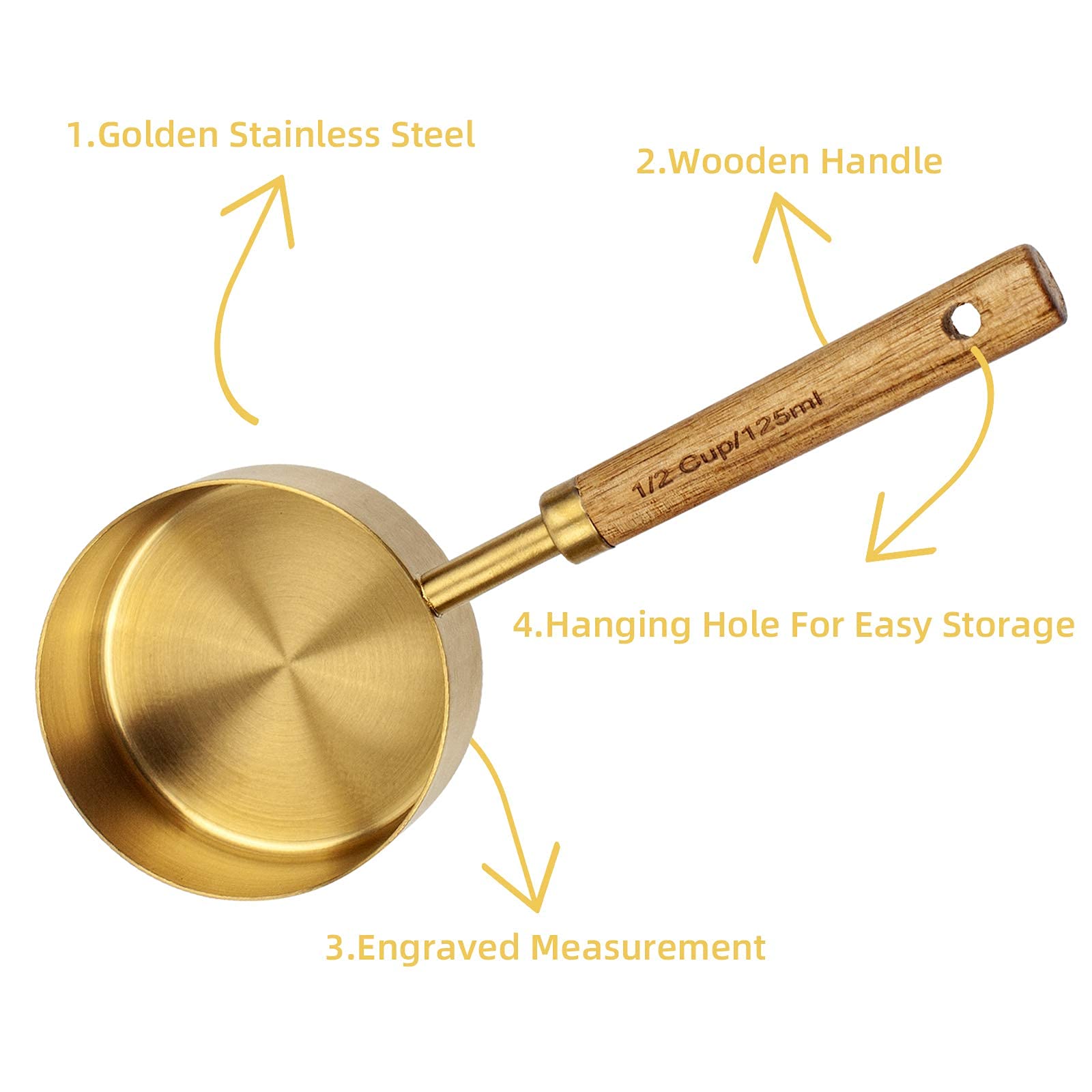 Muchtolove Measuring Cups and Spoons Set of 8, Golden Stainless Steel Measuring Cup with Wooden Handle, Kitchen/Food/Liquid/Baking (Gold)