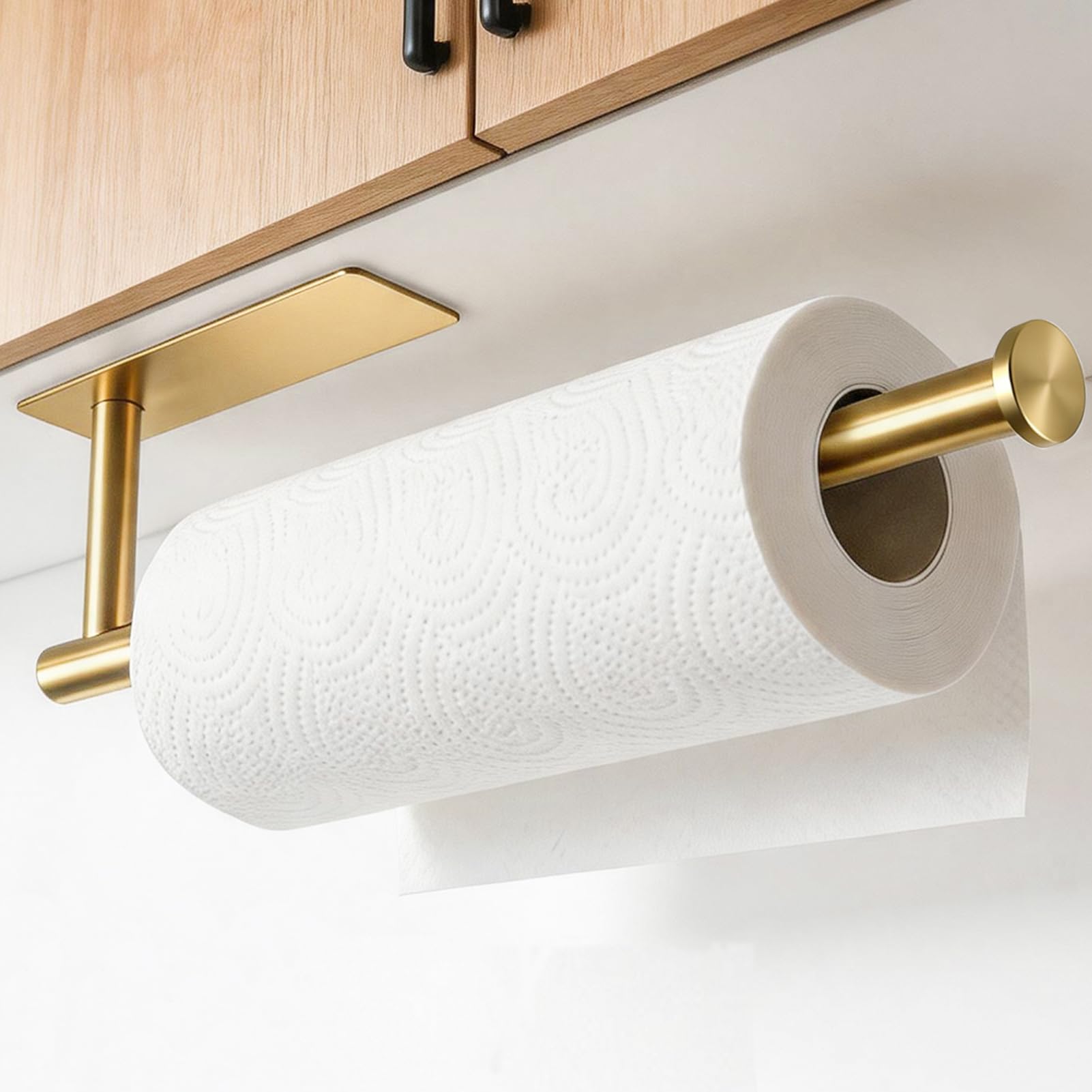 theaoo Gold Paper Towel Holder - Under Cabinet Paper Towel Holder for Kitchen, Adhesive Paper Towel Roll Rack for Bathroom Towel, Wall Mounted Matte Black Paper Towel Rack, SUS304 Stainless Steel