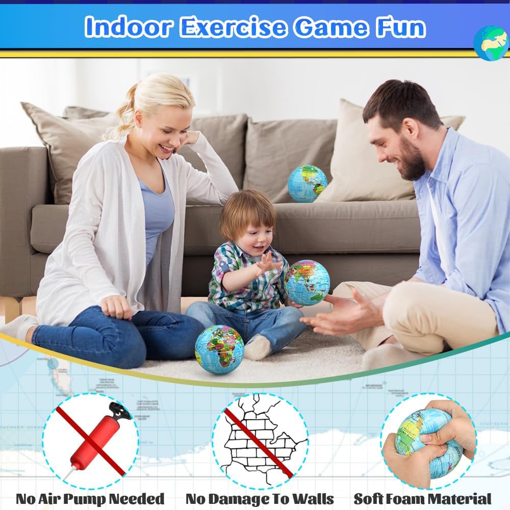 Mini Earth Soft Squishy Ball, 3PCS Foam Globe Stress Balls for Kids Toddler, Educational Geography Crafts Toys, Squeeze Sensory Learning World Map Planet Toy for Solar Systerm (3.7")