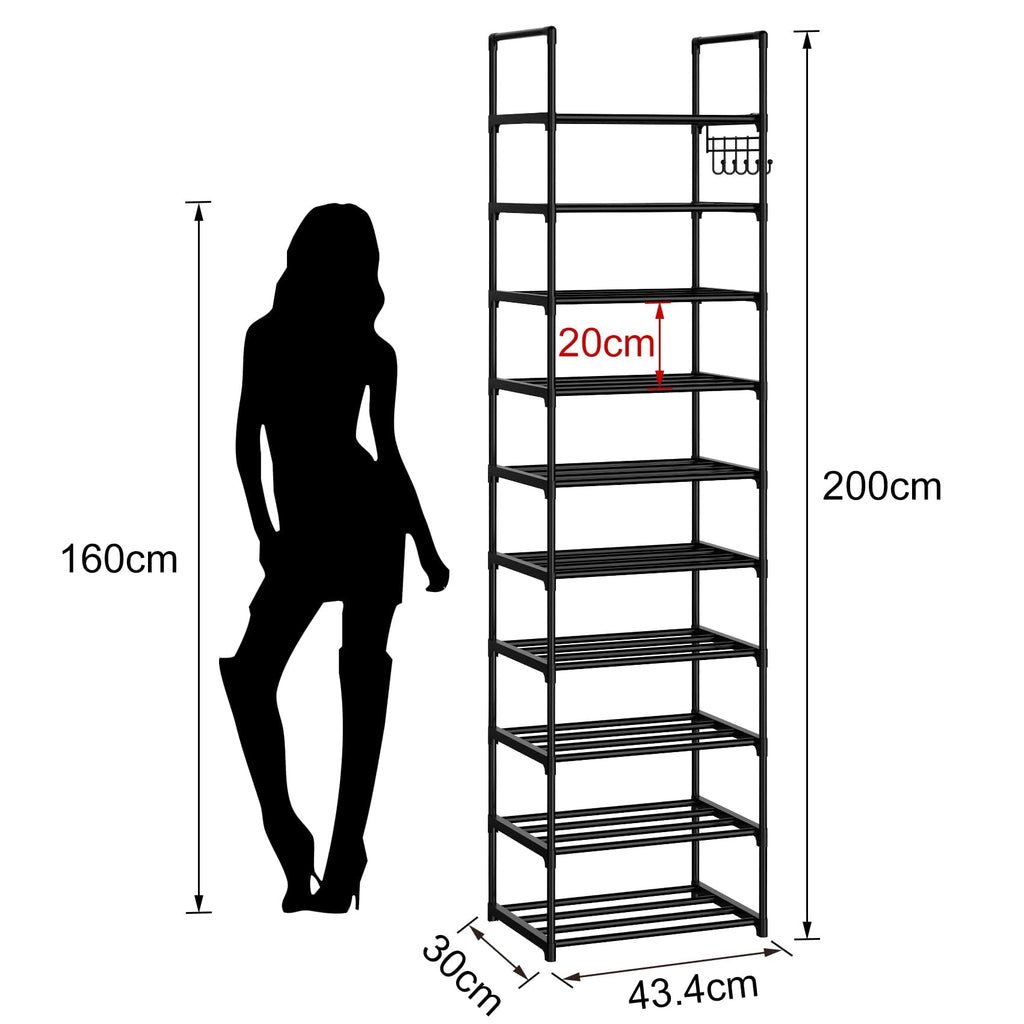 VTRIN 10 Tiers Narrow Shoe Rack 20-25 Pairs Shoe and Boots Organizer Storage Sturdy Shoe Shelf, Metal Shoe Rack for Entryway, Bedroom, 17 x 12 x 79 Inches, Black Vertical Stackable with 5 Hooks