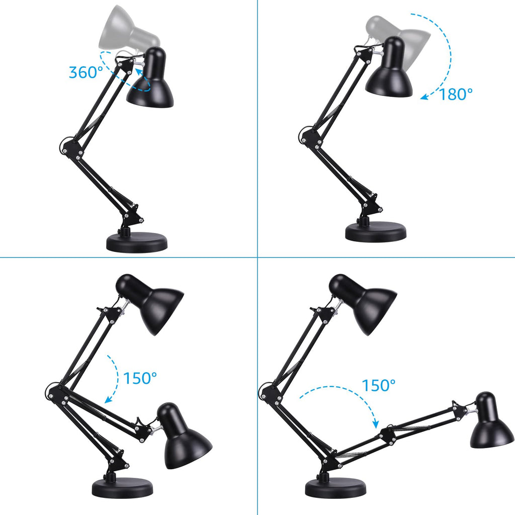 TORCHSTAR Metal Swing Arm Desk Lamp, Interchangeable Base Or Clamp, Classic Architect Clip On Table Lamp, Multi-Joint, Adjustable Arm, Black Finish (UL Plug)