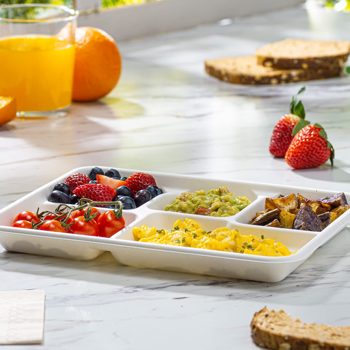Gusto [10 Inch - 125 Pack] Heavy-Duty Plates, 5 Compartment Disposable Sugarcane Paper Party Plates - Formerly Comfy Package