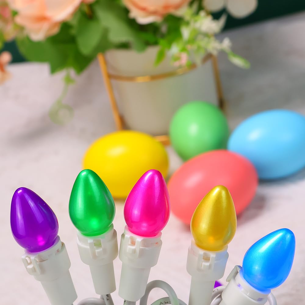 Easter String Lights LED Multi Color Glass C3 Lights 13.5FT Easter Pastel Light 120V ETL Certified Connectable Outdoor String Light White Wire for Party Patio Home Easter Décor