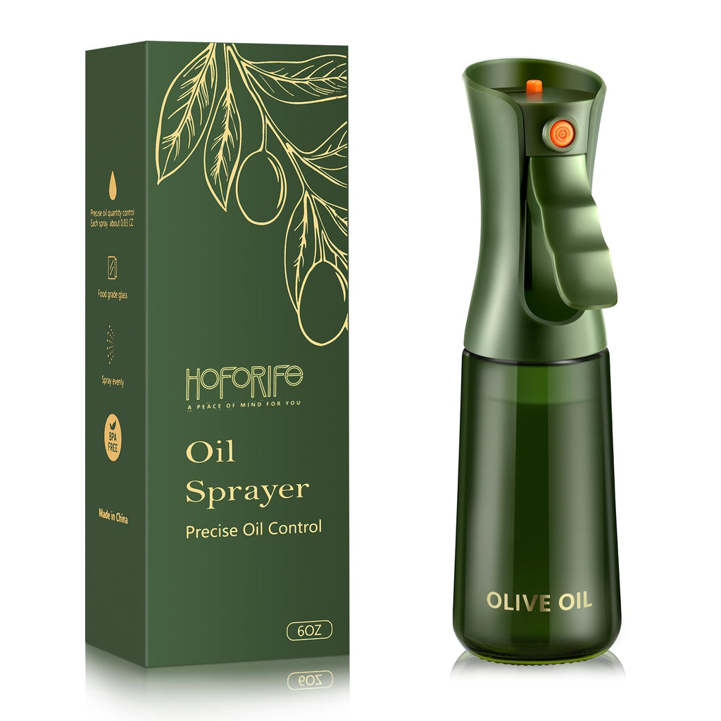 hoforife Glass Olive Oil Sprayer for Cooking, Oil Mister Continuous Cooking Spray with Portion Control for Kitchen 225ml/7.6 oz (Olive Green Bottle)