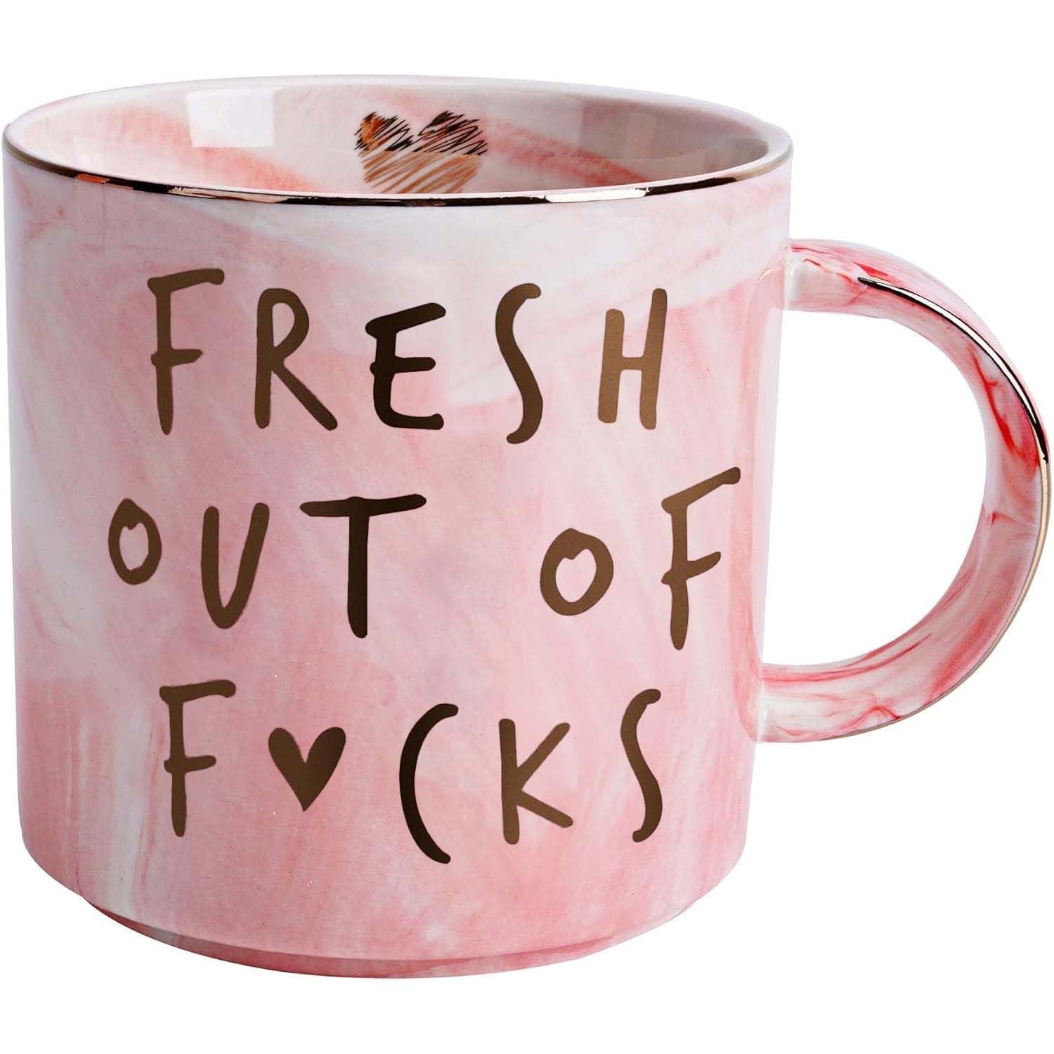 Funny Coffee Mugs Gifts for Women - Sarcastic Novelty Cups Gag Gift for Friends, Coworkers, Boss, Employee, Human Resources - Fresh Out of - Inappropriate Cute Pink Marble Mug, 12oz Coffee Cup