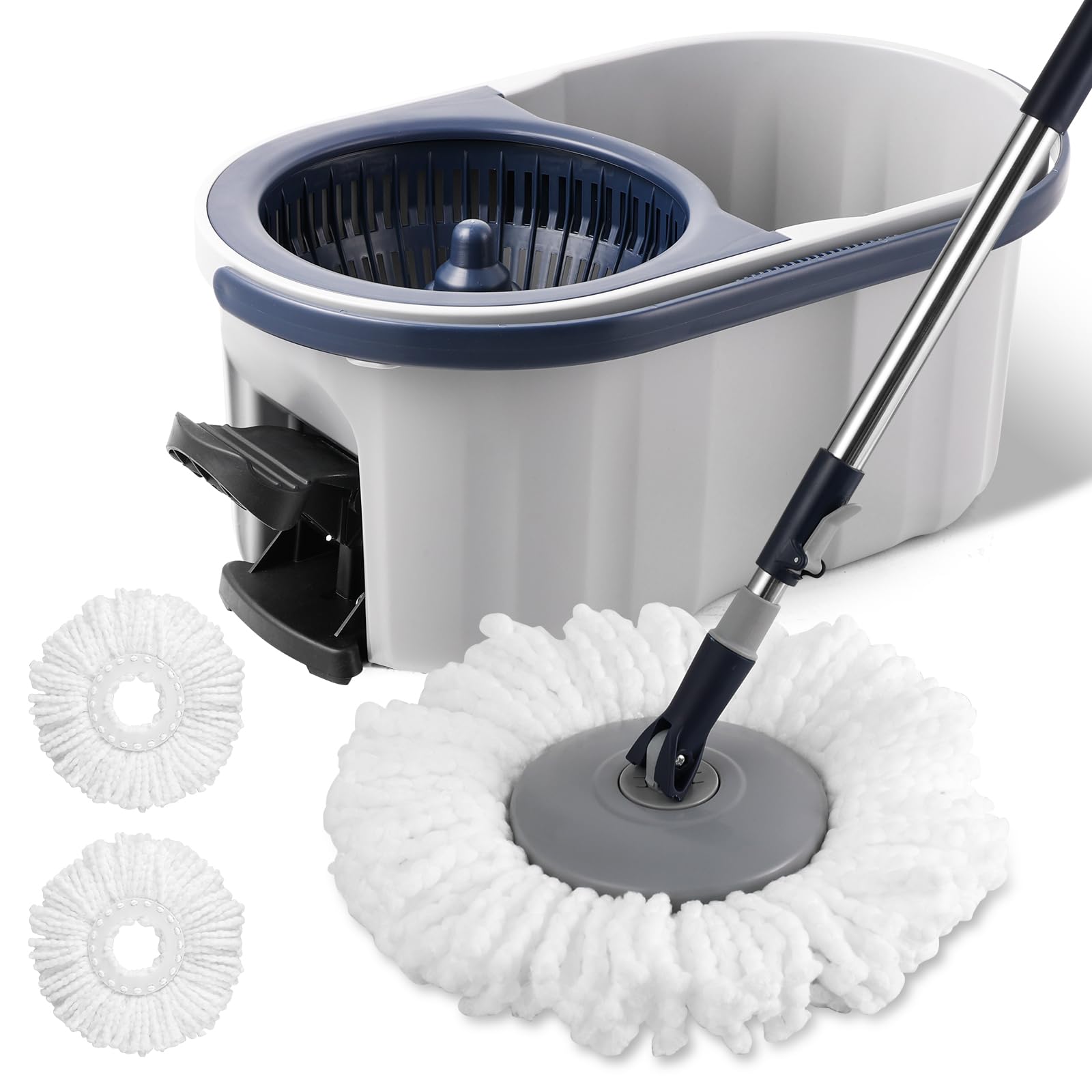 Spin Mop and Bucket System with180-Degree Rotating Head Telescopic Handle Dual Chamber Bucket Floor Cleaning Set with 3 Mop Refills Dual-Function Wringing Hand-Press and Foot-Pedal