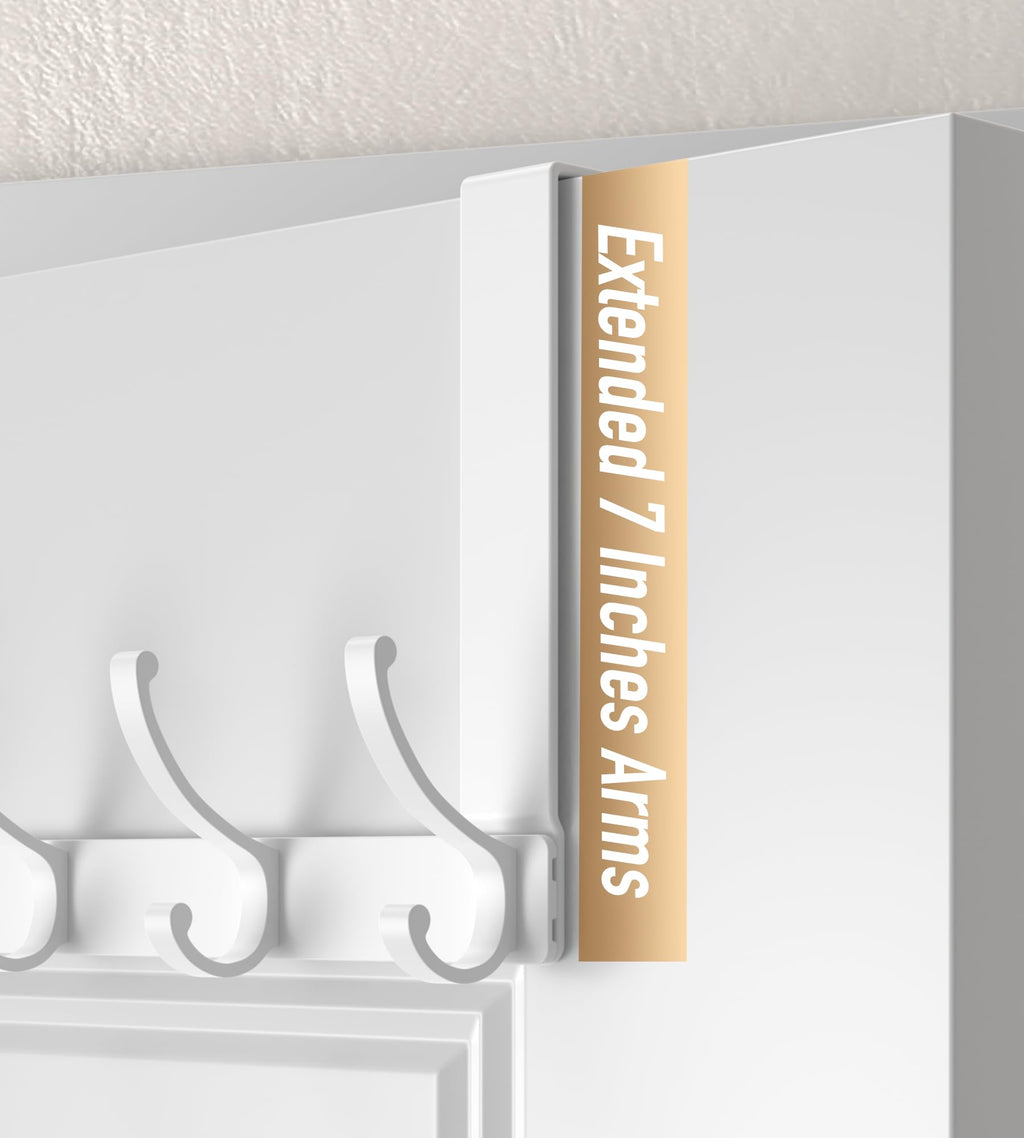 KitchLife Over The Door Hooks, Thickened Double Hanger with 7" Extended Brackets, Fits 1 3/8" Doors, FC, Bathroom Bedroom Towel Rack Organization, 1 Pack Glossy White with 12 Hooks