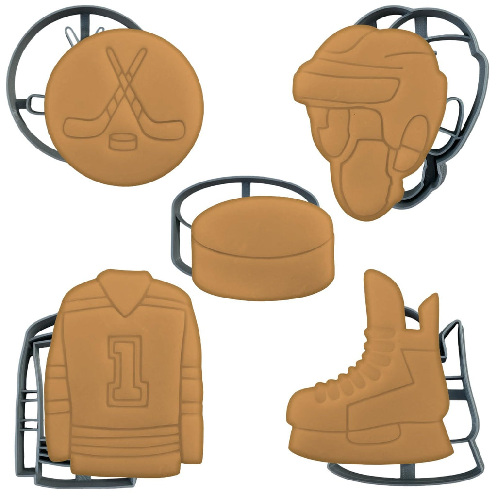 Moose Goods 5 Hockey Cookie Cutters Sports Theme Set - Puck, Goalie Mask, Sticks & Puck, Jersey, and Skate Shapes Made in Canada. Smooth, Food Safe, Ideal for Birthday, Party, Fundraiser