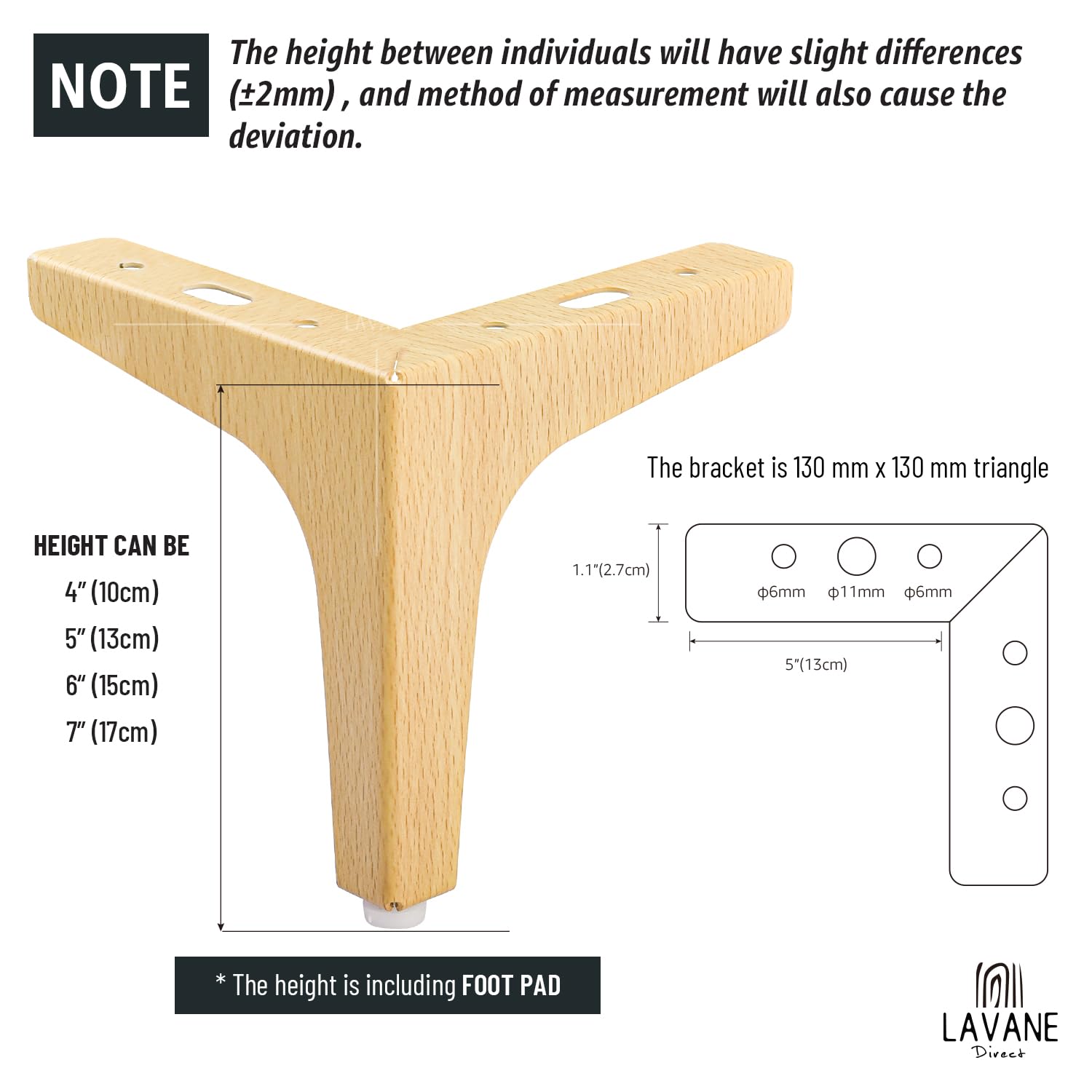 La Vane 6 Inch / 15cm Metal Furniture Legs, Set of 4 - Modern Diamond Triangle Natural Wood DIY Replacement Feet Corner Legs for Cabinet, Sofa, Sideboard, Couch, Dresser Makeover